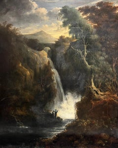 1800's Large Oil Painting Romantic Waterfall Landscape with Figures Terni Italy