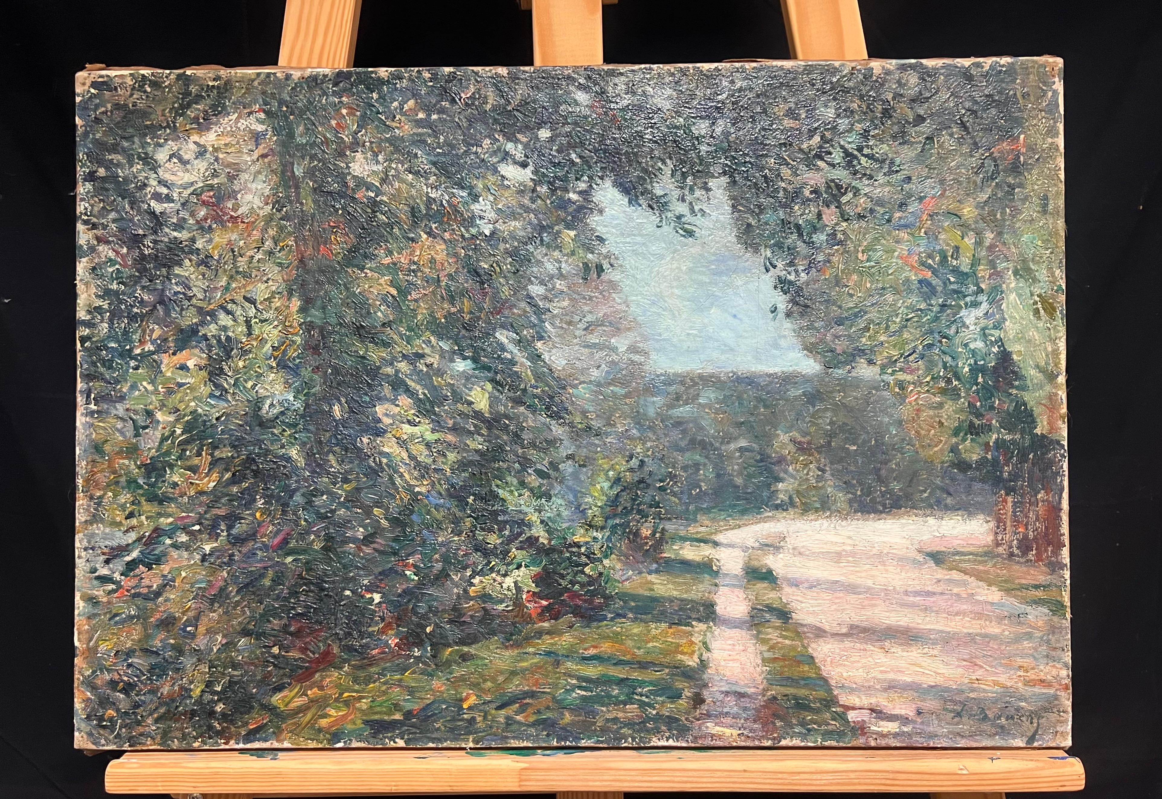 1890's Französisch Impressionist Pathway Sunlit Forest Landscape Ölgemälde – Painting von French School