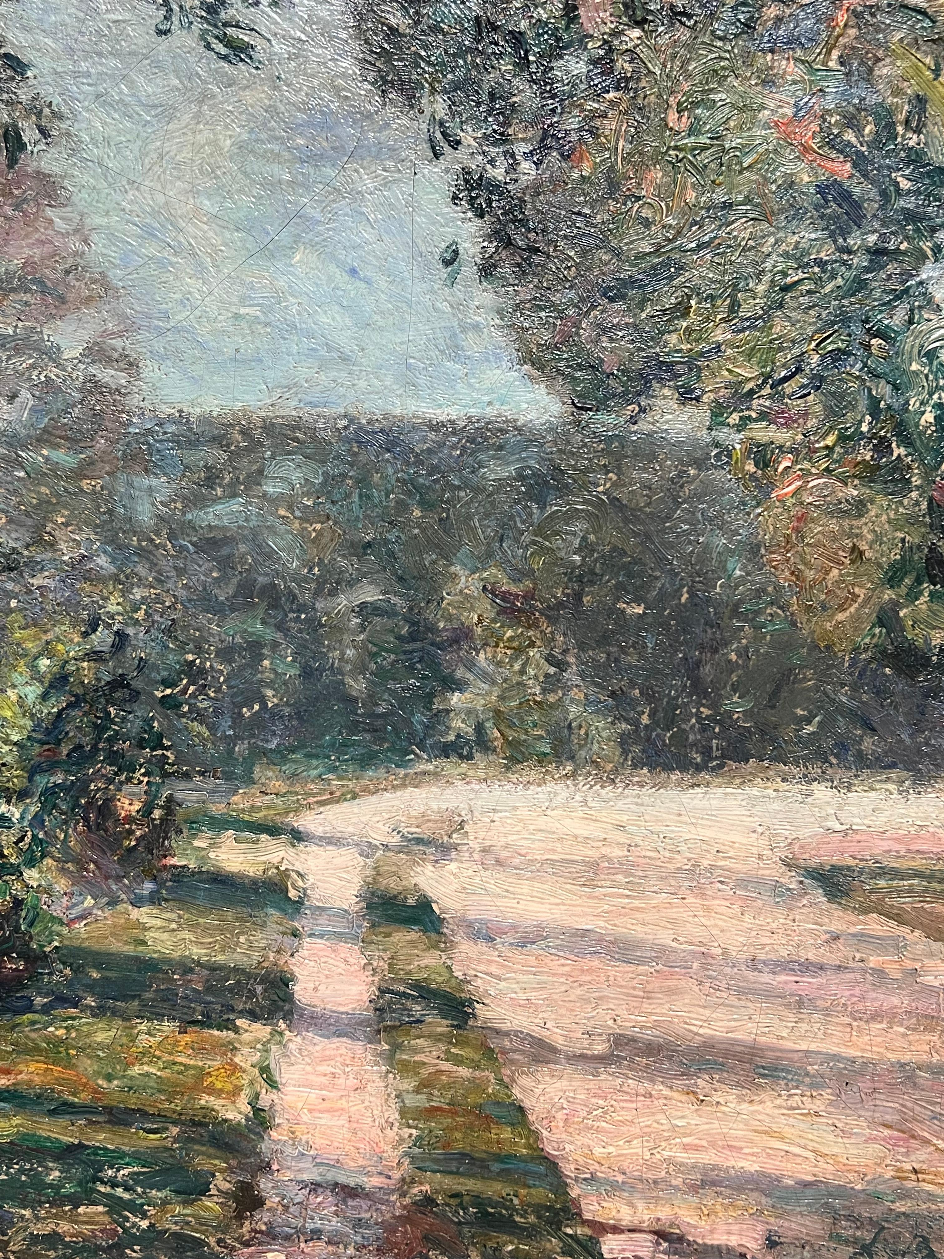 1890's Französisch Impressionist Pathway Sunlit Forest Landscape Ölgemälde im Angebot 1