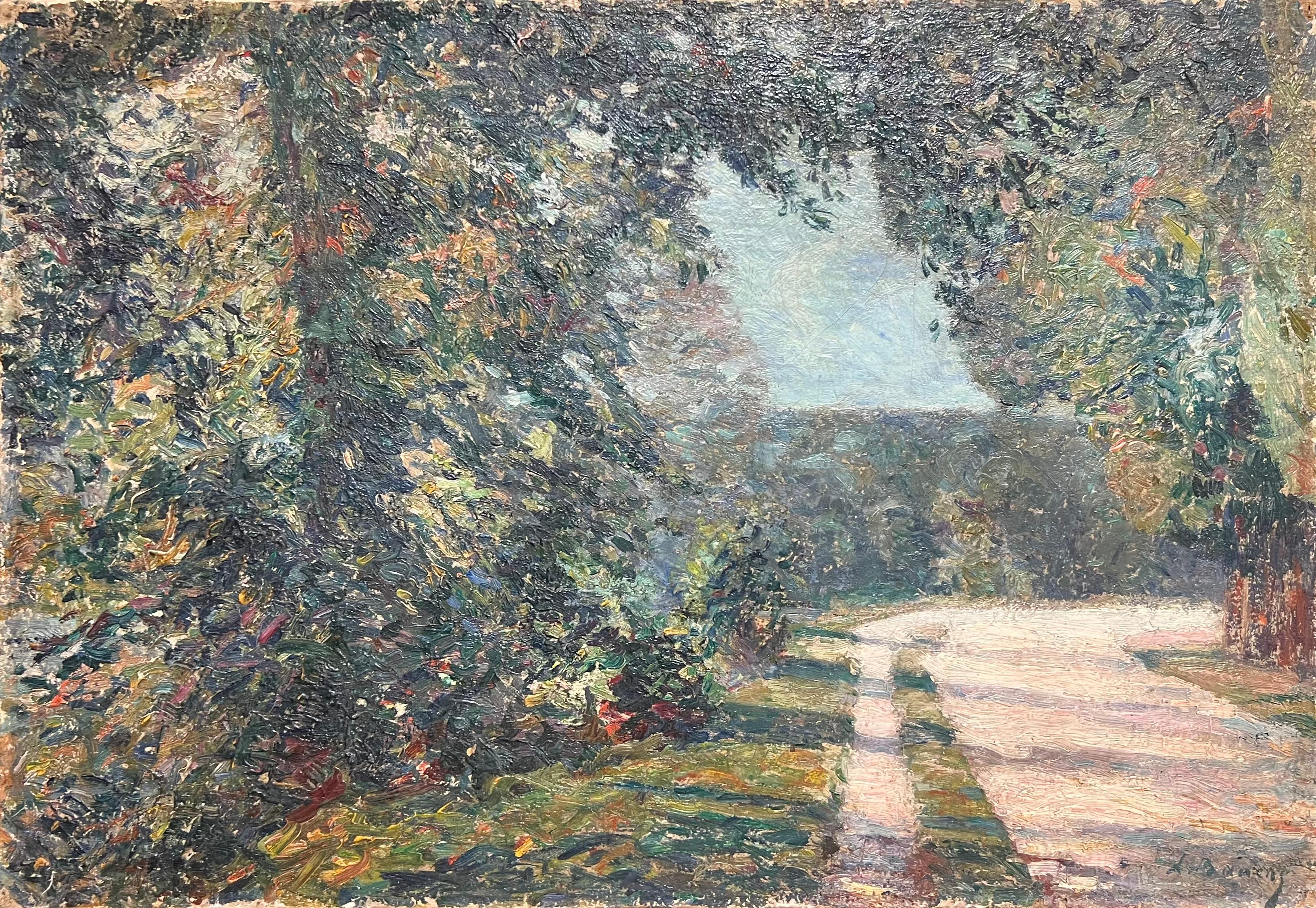 1890's French Impressionist Pathway Sunlit Forest Landscape Oil Painting