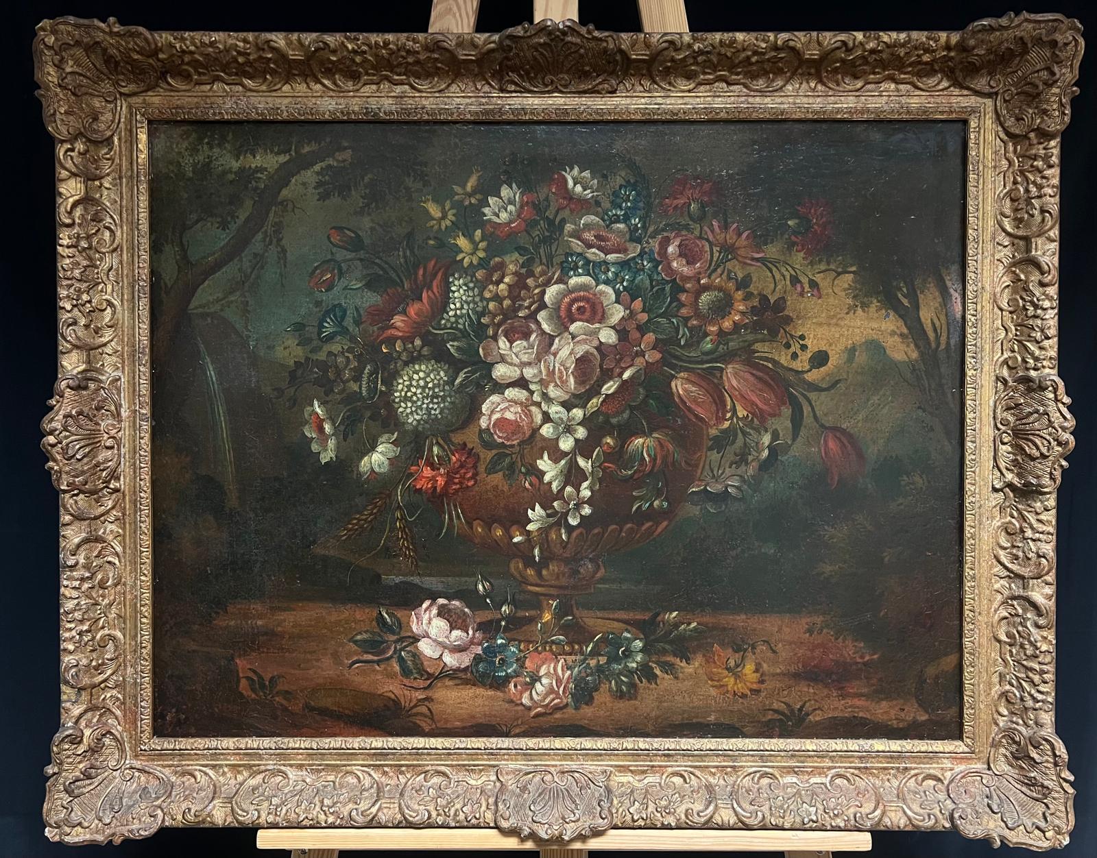 Natura morta barocca del XVIII secolo con fiori e composizione floreale in un'urna ornata - Painting Barocco di French School