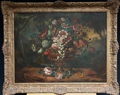 Bodegón barroco al óleo del siglo XVIII Arreglo floral en urna ornamentada