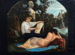 18th Century French Oil Artist Painting Nude Model Classical Garden Scene