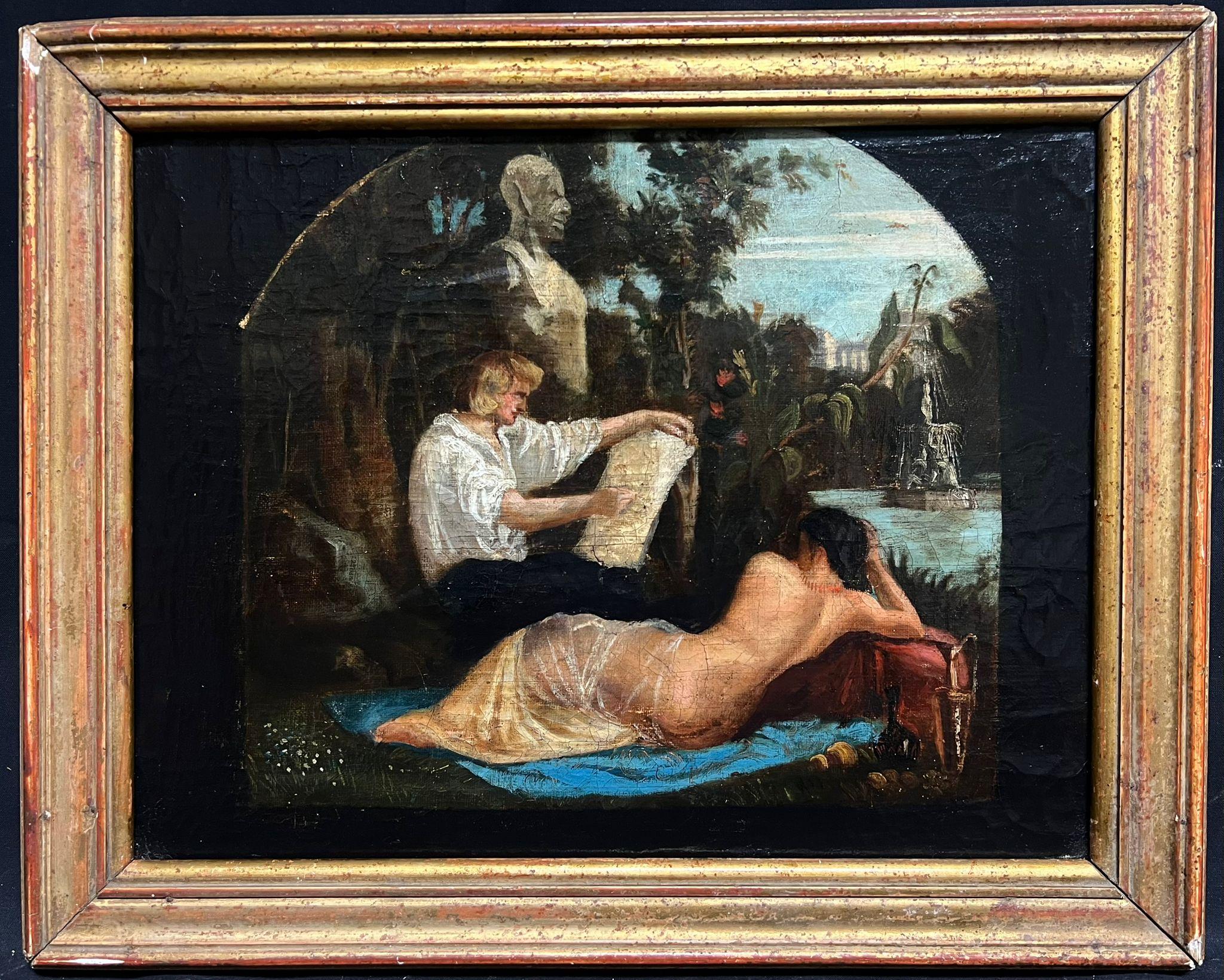 Landscape Painting de French School - Pintura al óleo francesa del siglo XVIII Modelo desnudo Escena clásica de jardín