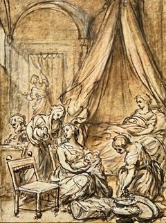 18th Century French Rococo Old Master Ink Drawing Nativity Scene