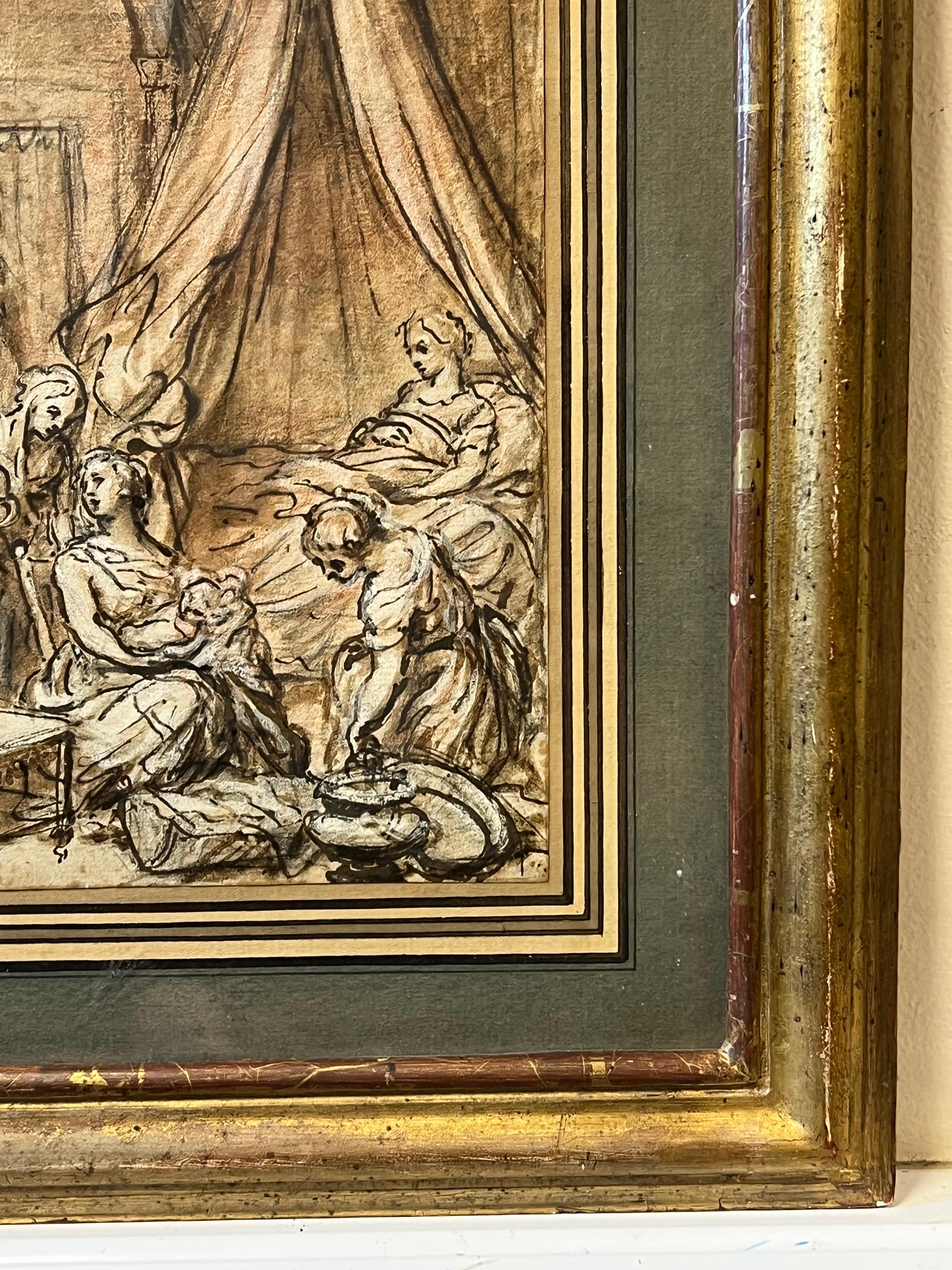 El nacimiento
Escuela French Rococo, mediados del siglo XVIII
tinta sepia sobre papel sobre tabla, enmarcado detrás de un cristal. 
enmarcado: 13 x 11 pulgadas
cuadro : 8 x 6 pulgadas
Procedencia: colección privada, Borgoña, Francia
Estado: muy buen