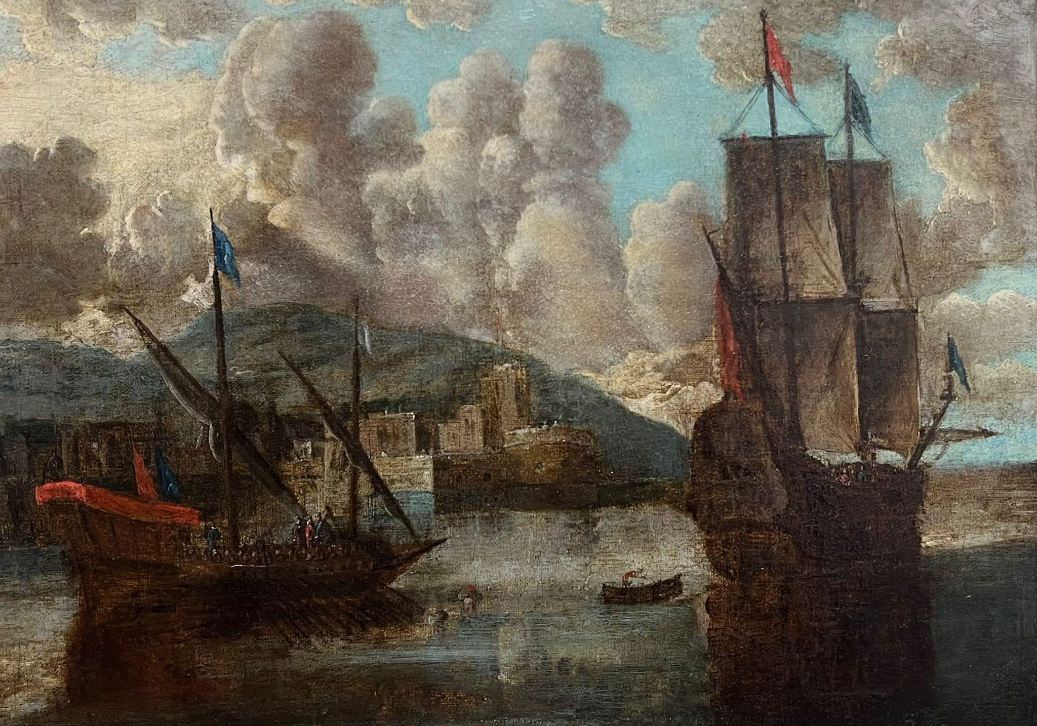 18th-Century Old Master Painting Harbor Scene with Tall Ships & Fortifications - Black Landscape Painting by French School