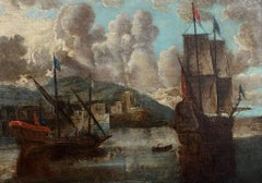18th-Century Old Master Painting Harbor Scene with Tall Ships & Fortifications
