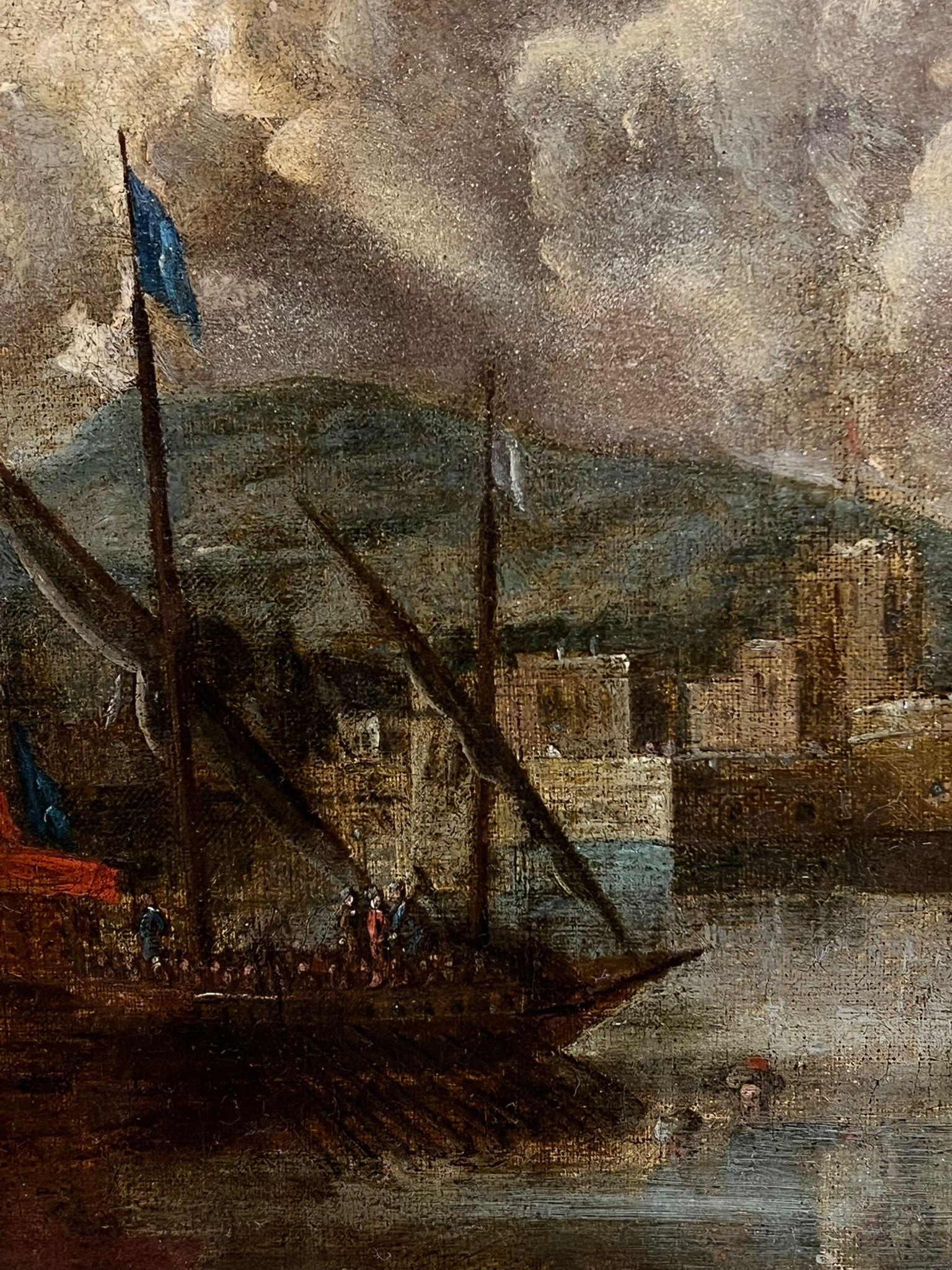 The Fortified Harbour
French School, circa 1700's
oil on canvas, framed in antique carved gilt wood frame
Framed: 21.5 x 28.5 inches
Canvas : 15 x 22 inches
Provenance: private collection, France
Condition: very good condition

Description: This