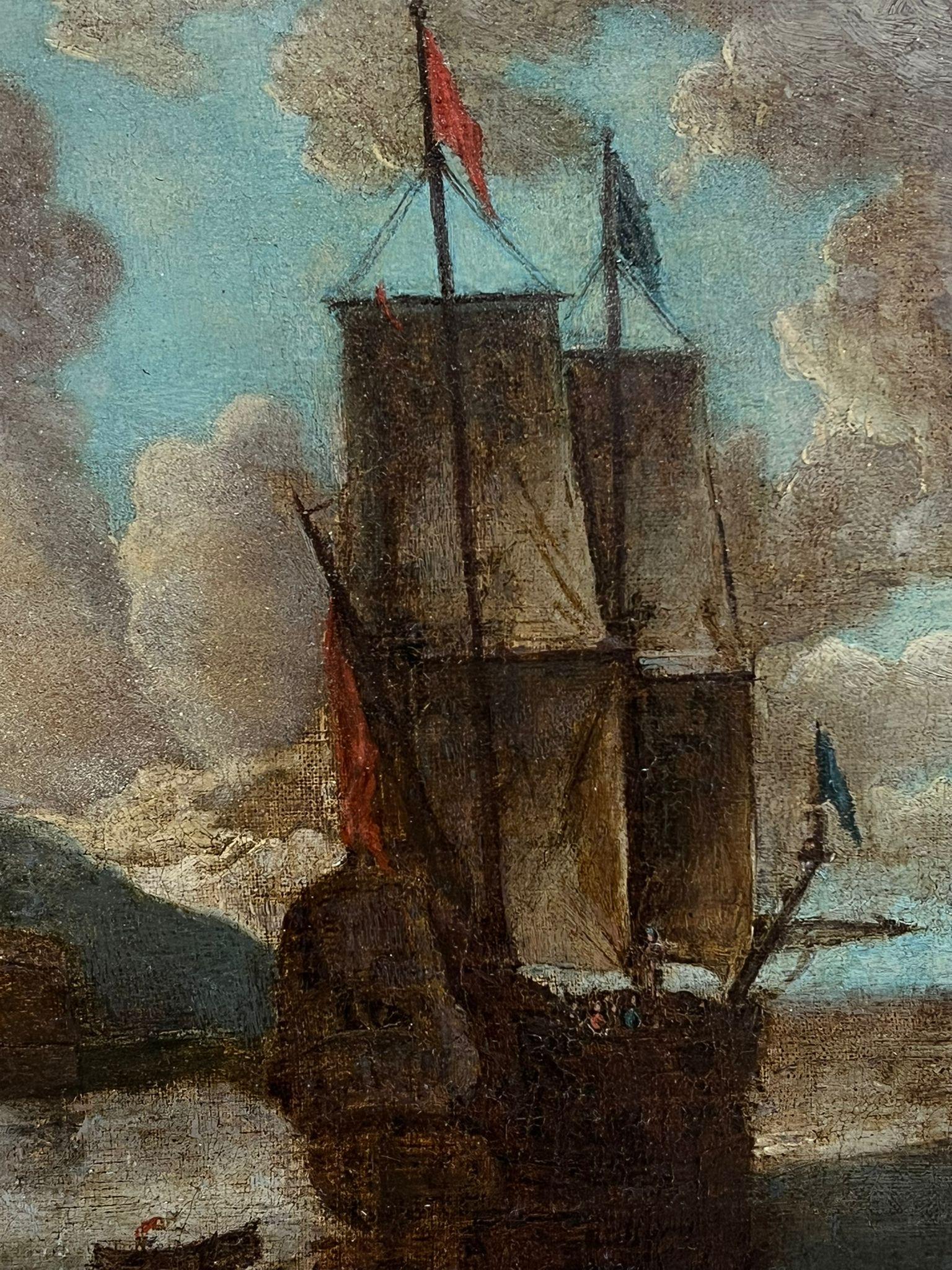 18th-Century Old Master Painting Harbor Scene with Tall Ships & Fortifications For Sale 1