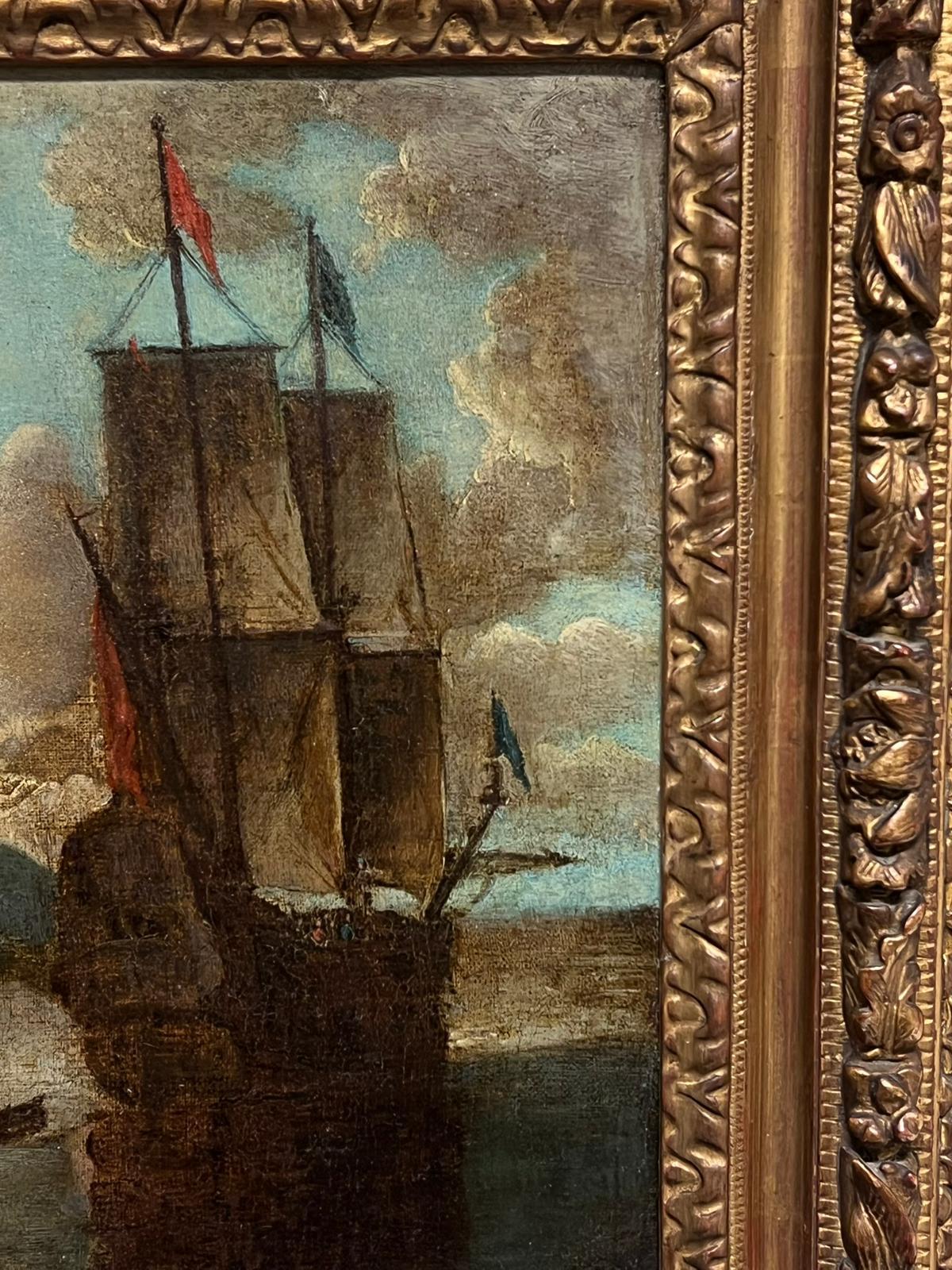 18th-Century Old Master Painting Harbor Scene with Tall Ships & Fortifications For Sale 2