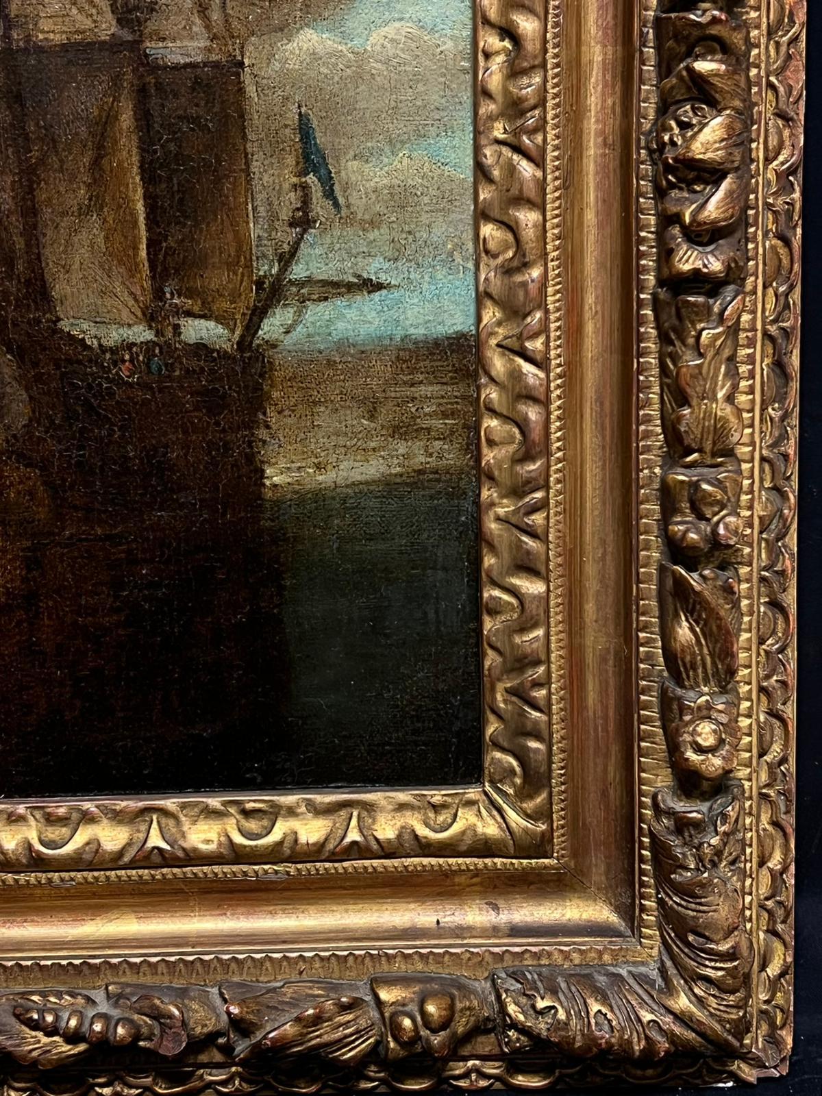 18th-Century Old Master Painting Harbor Scene with Tall Ships & Fortifications For Sale 3