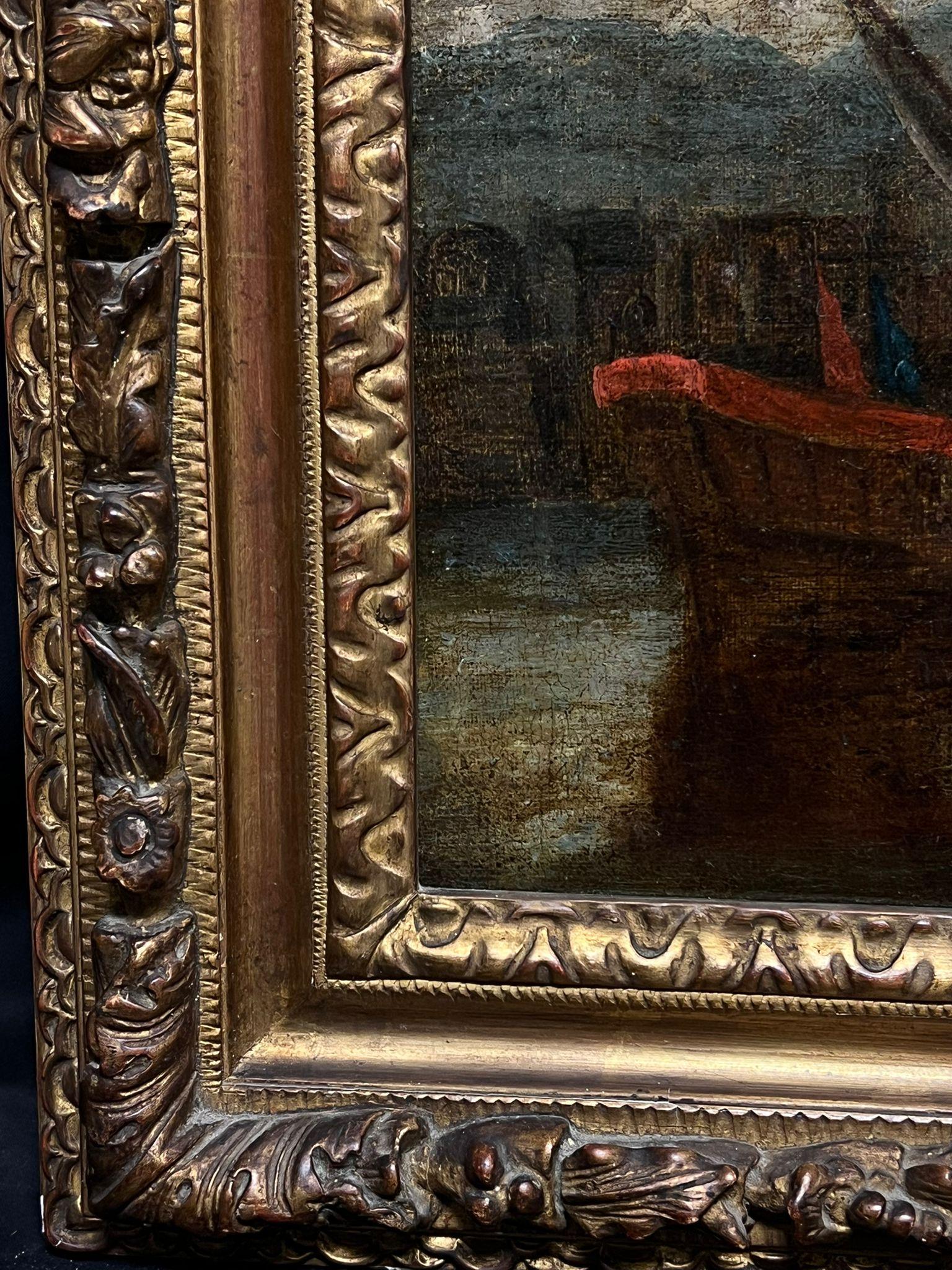18th-Century Old Master Painting Harbor Scene with Tall Ships & Fortifications For Sale 4