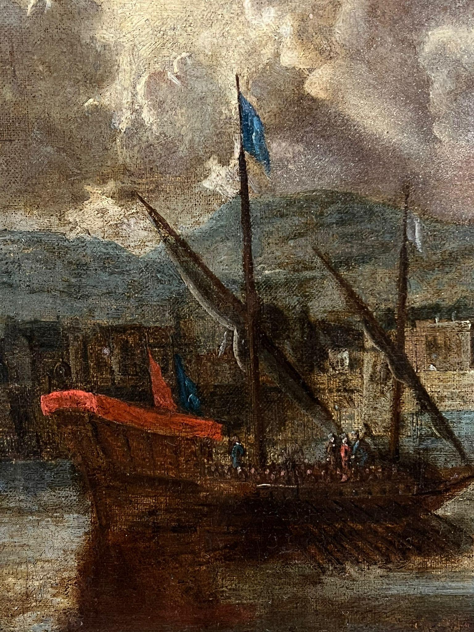 18th-Century Old Master Painting Harbor Scene with Tall Ships & Fortifications For Sale 5