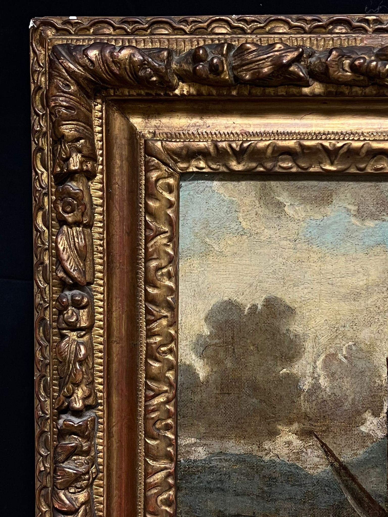18th-Century Old Master Painting Harbor Scene with Tall Ships & Fortifications For Sale 6