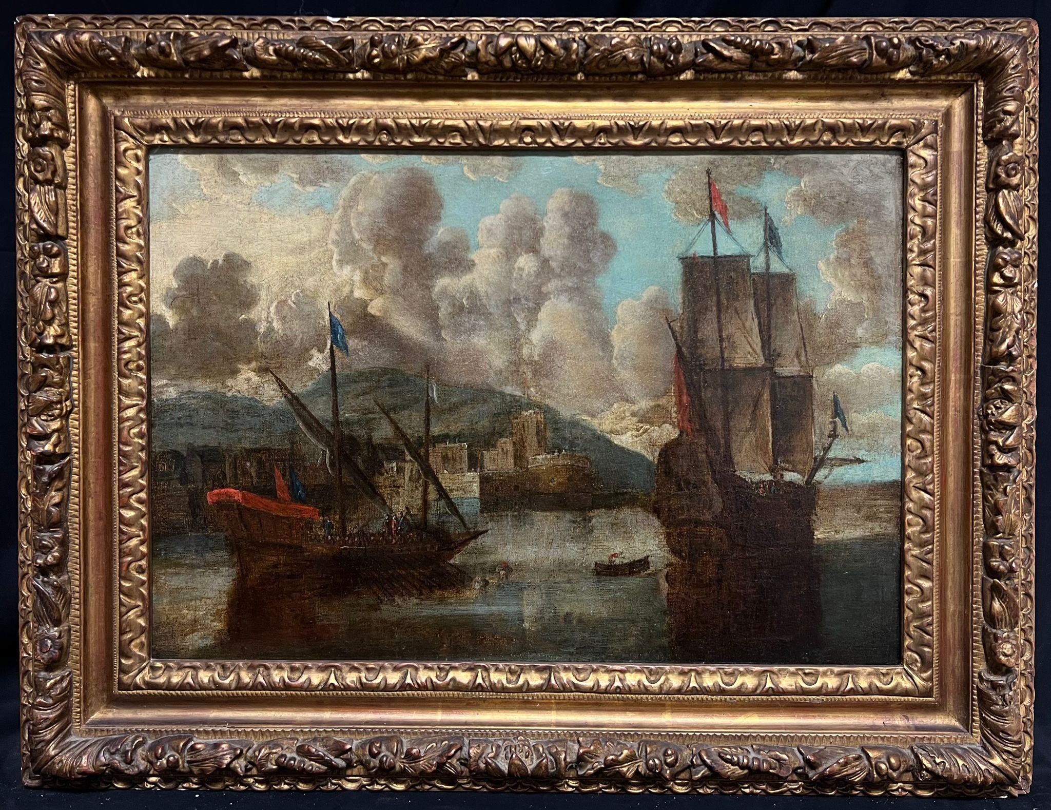 French School Landscape Painting - 18th-Century Old Master Painting Harbor Scene with Tall Ships & Fortifications