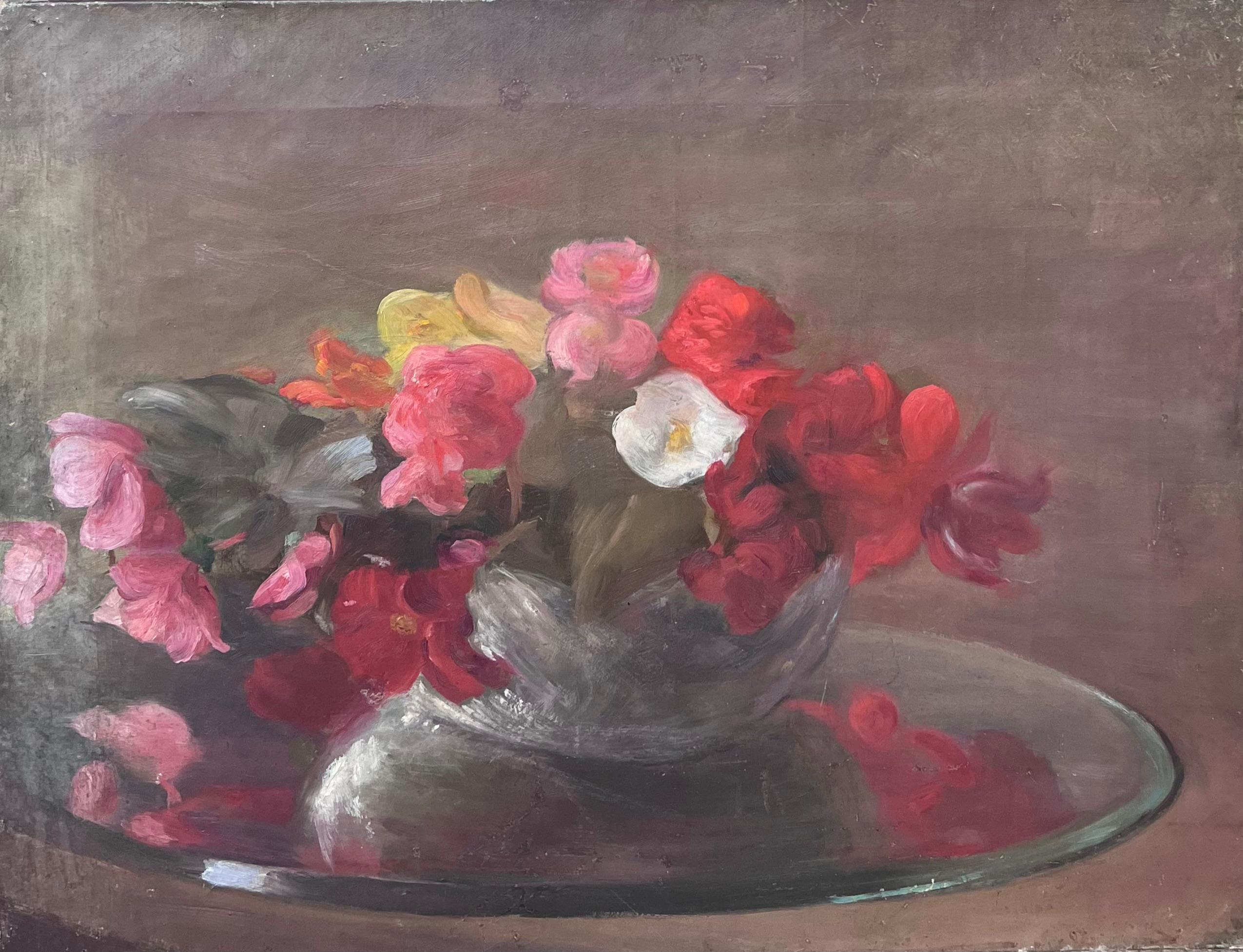French School Interior Painting - 1900's French Impressionist Oil on Canvas Pretty Flowers Still Life Natural