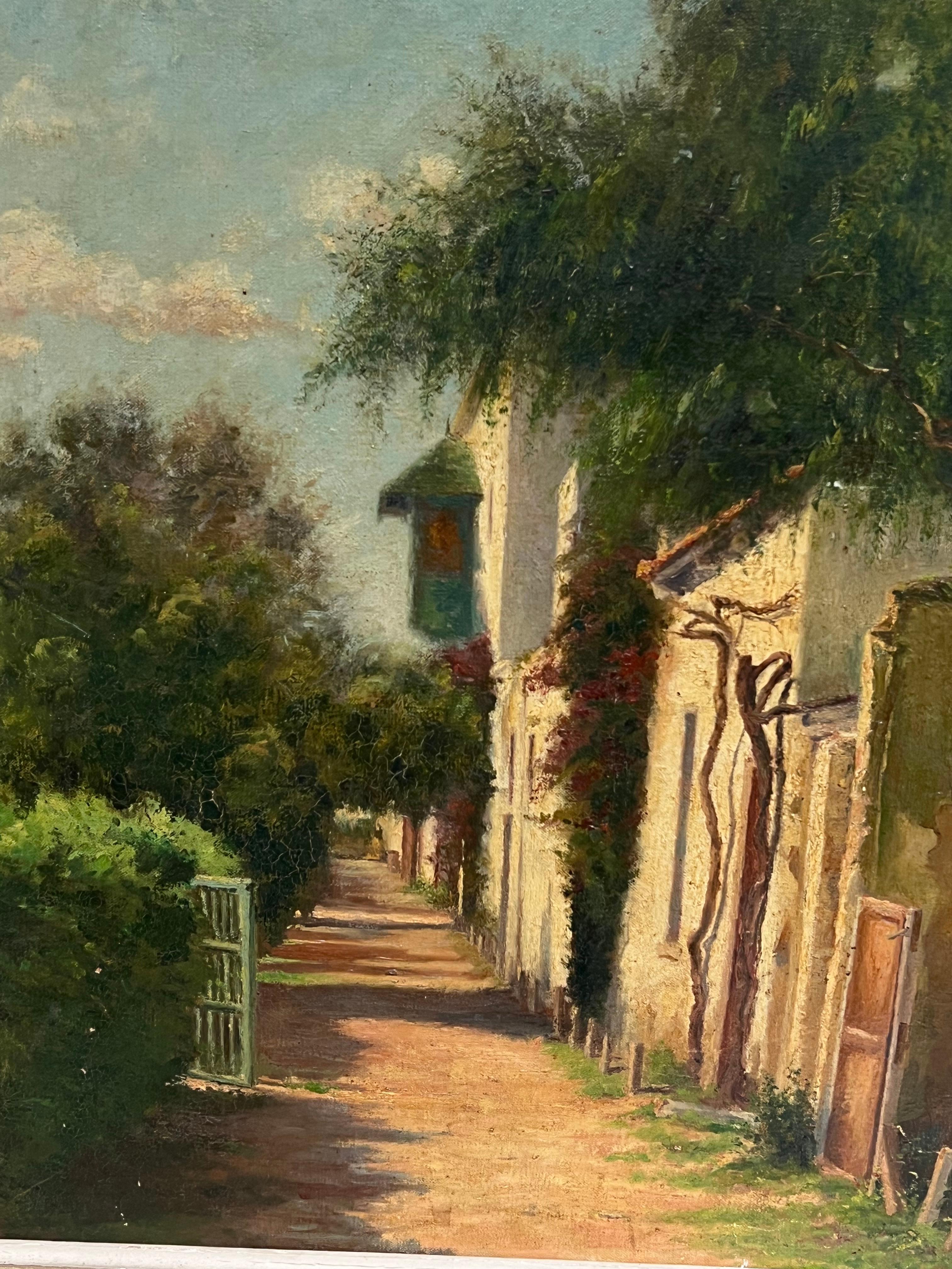1900's French Impressionist Signed Oil Sunlit Village Houses in Lane For Sale 6