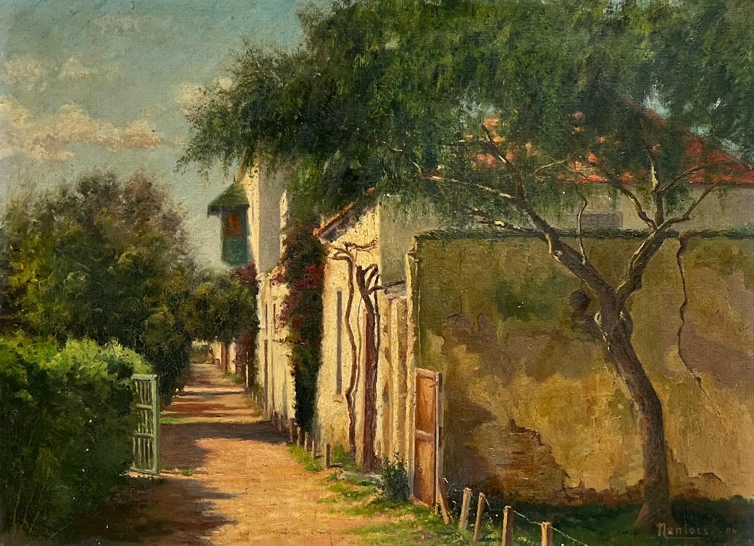 1900's French Impressionist Signed Oil Sunlit Village Houses in Lane - Painting by French School