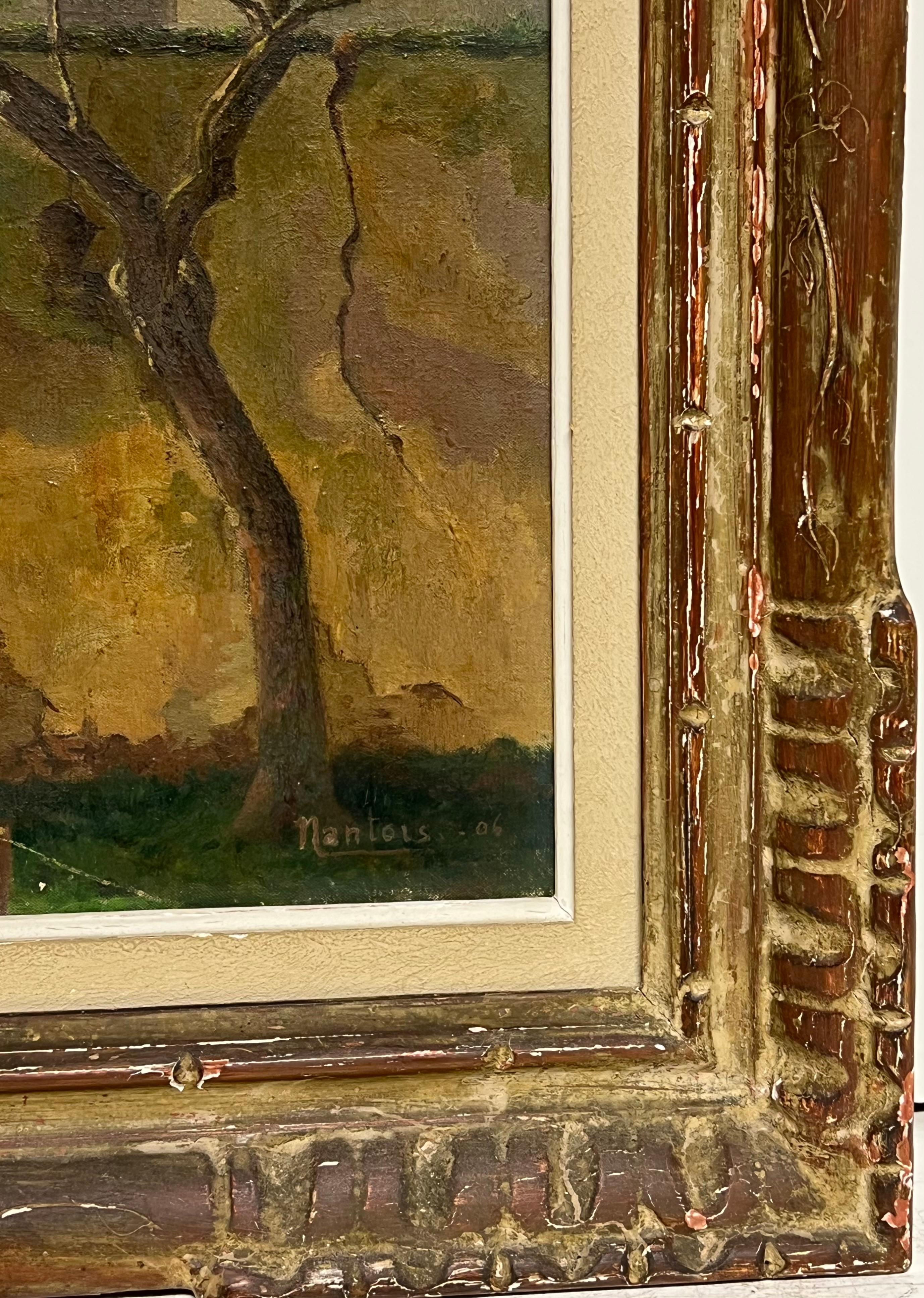 1900's French Impressionist Signed Oil Sunlit Village Houses in Lane For Sale 1