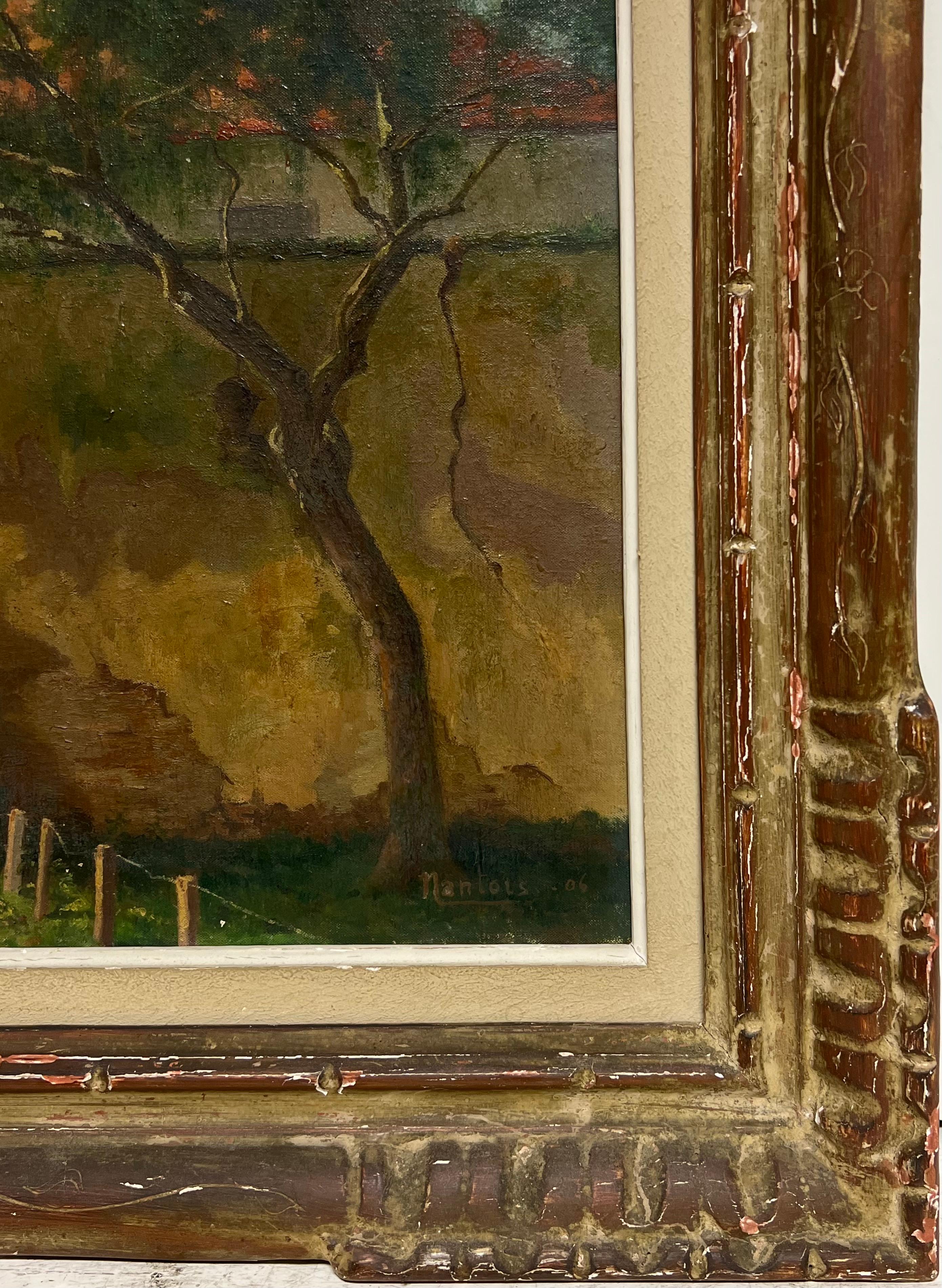 1900's French Impressionist Signed Oil Sunlit Village Houses in Lane For Sale 3