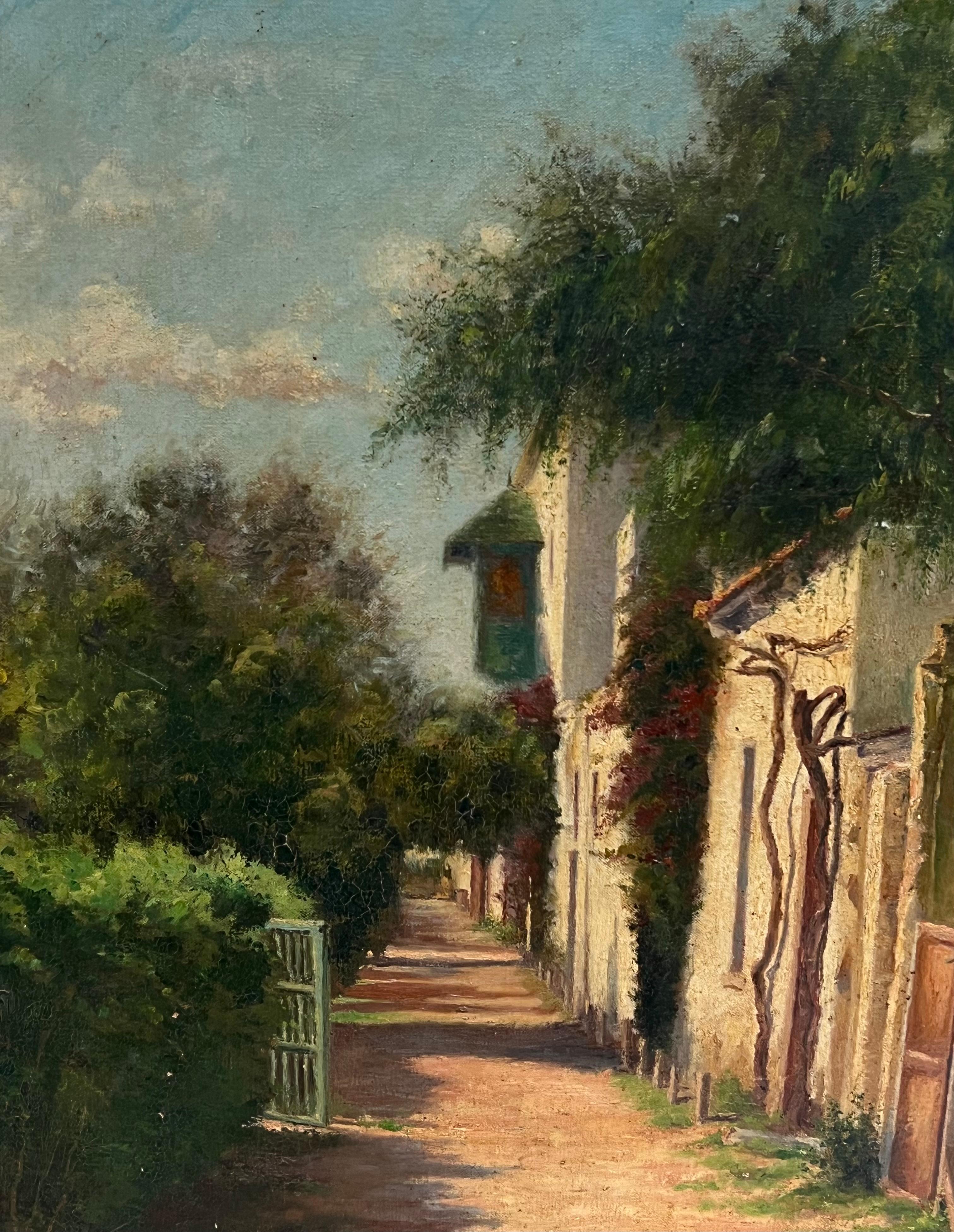1900's French Impressionist Signed Oil Sunlit Village Houses in Lane For Sale 4