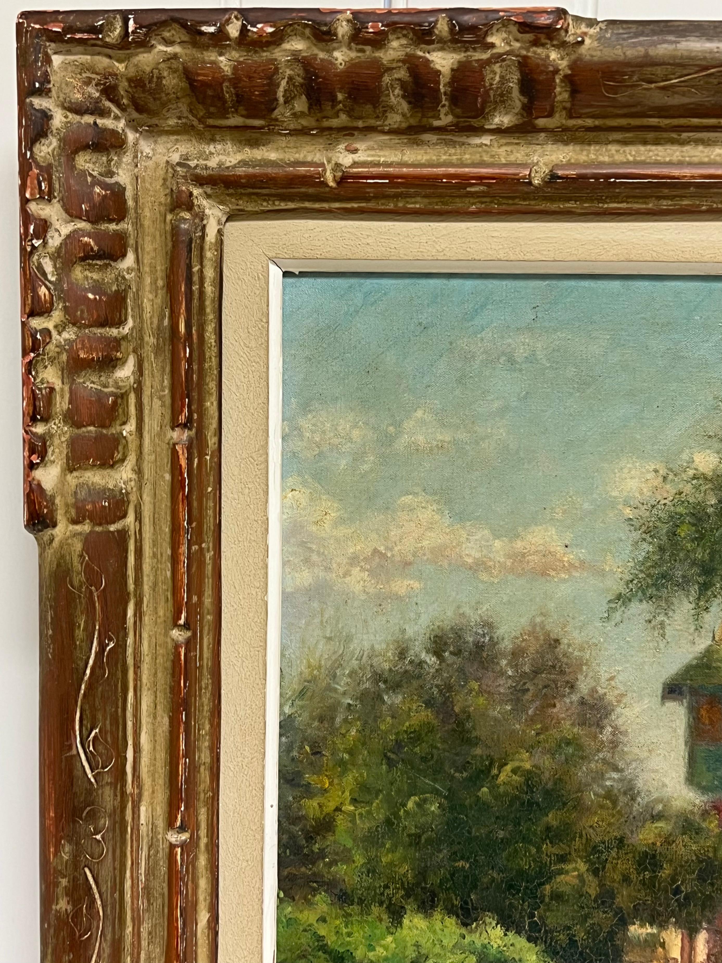 1900's French Impressionist Signed Oil Sunlit Village Houses in Lane For Sale 5