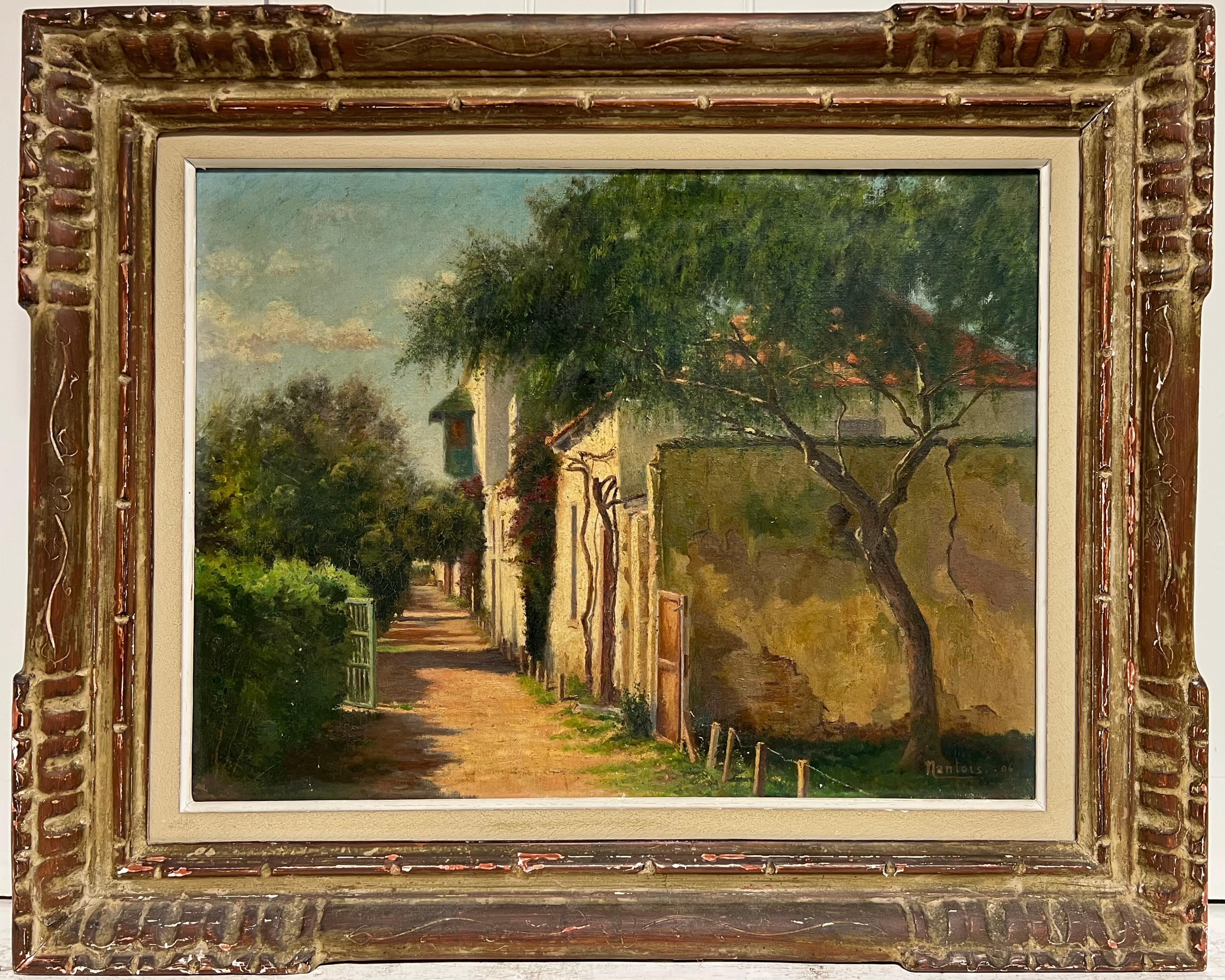 French School Landscape Painting - 1900's French Impressionist Signed Oil Sunlit Village Houses in Lane