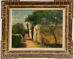 Antique 1900's French Impressionist Signed Oil Sunlit Village Houses in Lane