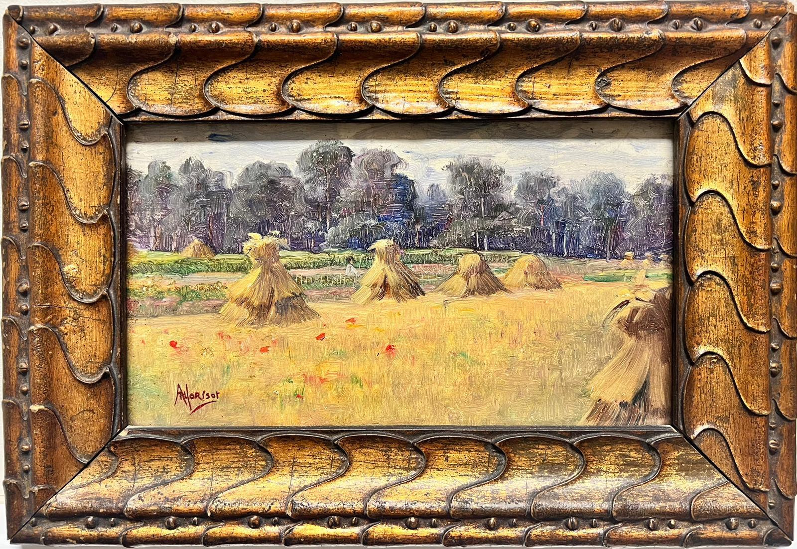 French School Landscape Painting - 1900’s French Impressionist Signed Oil Wheatsheaves in Golden Harvest Fields 