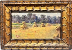 Antique 1900’s French Impressionist Signed Oil Wheatsheaves in Golden Harvest Fields 