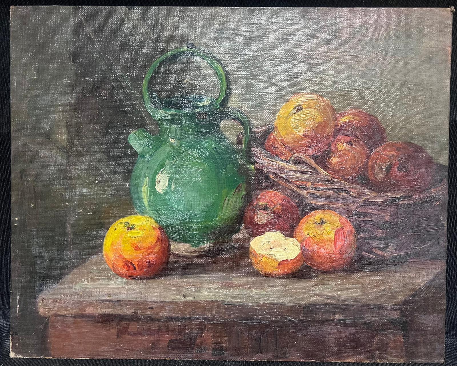 Pittura ad olio impressionista francese del 1900: mele d'autunno e brocca verde - Painting di French School