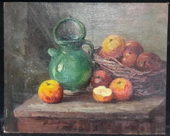 1900's French Impressionist Still Life Oil Painting Autumn Apples & Green Jug