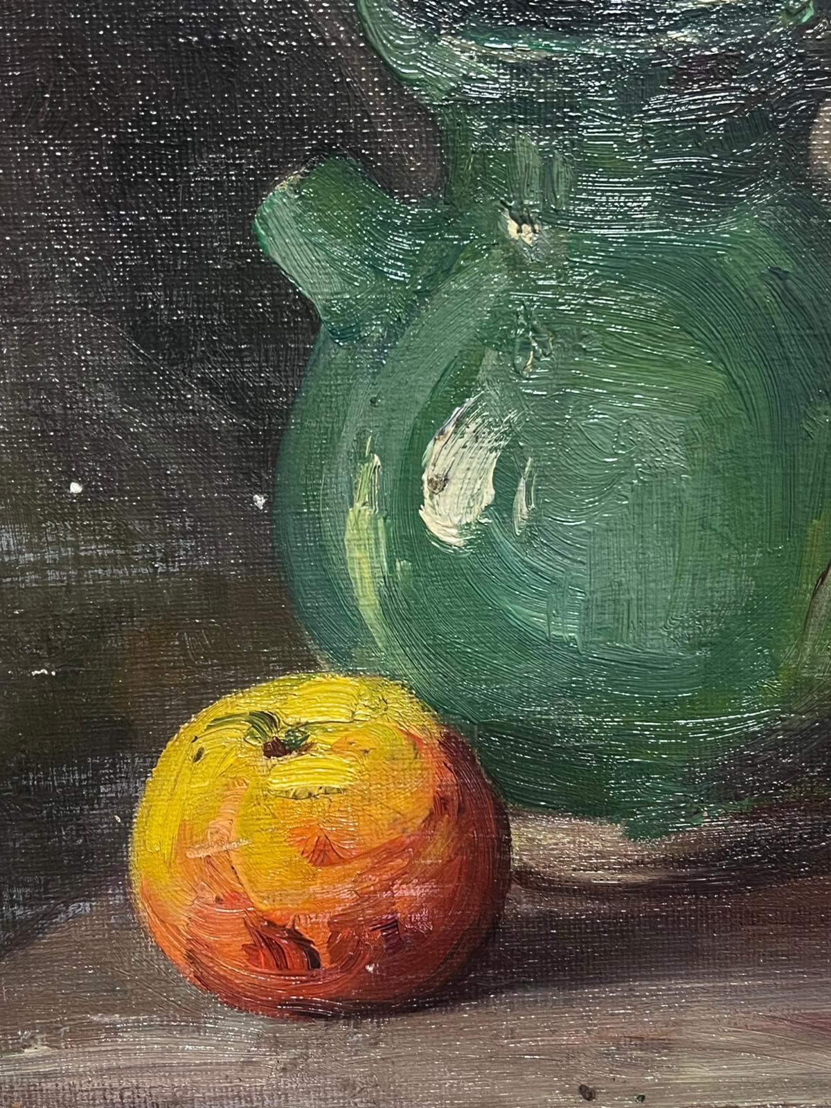Pittura ad olio impressionista francese del 1900: mele d'autunno e brocca verde - Painting Impressionismo di French School