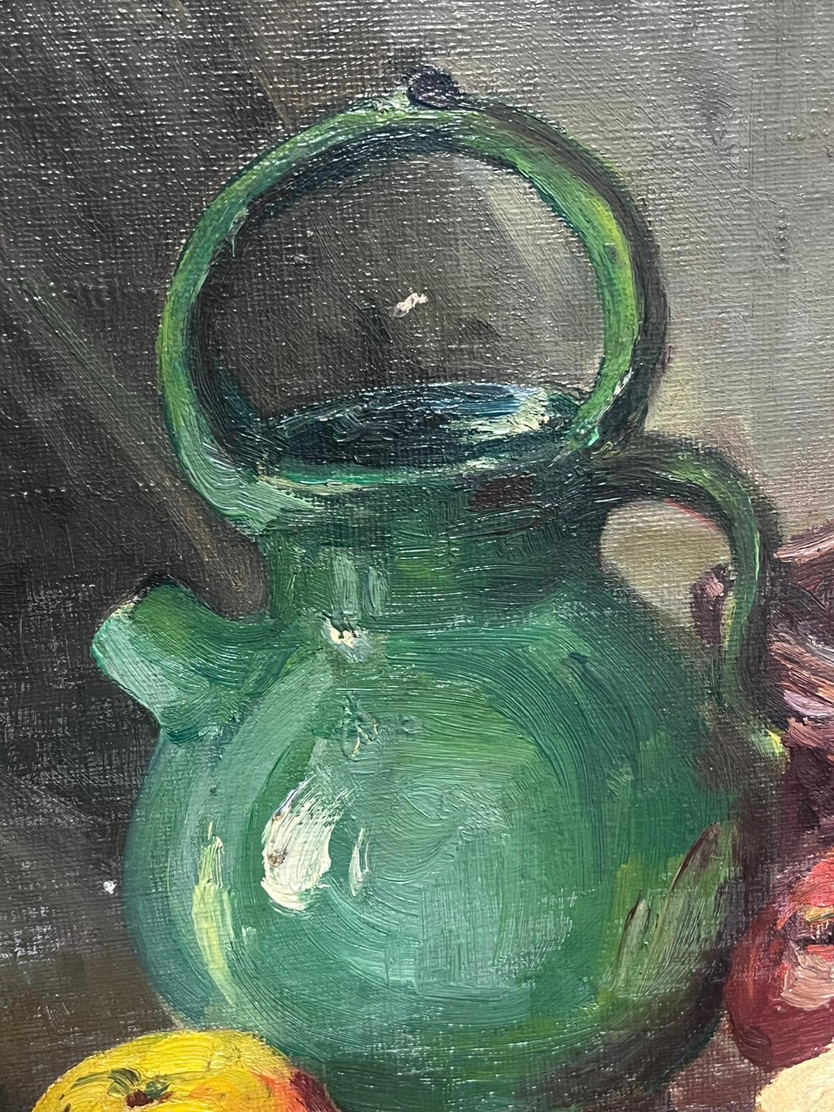 Pittura ad olio impressionista francese del 1900: mele d'autunno e brocca verde - Still-Life Painting Grigio di French School