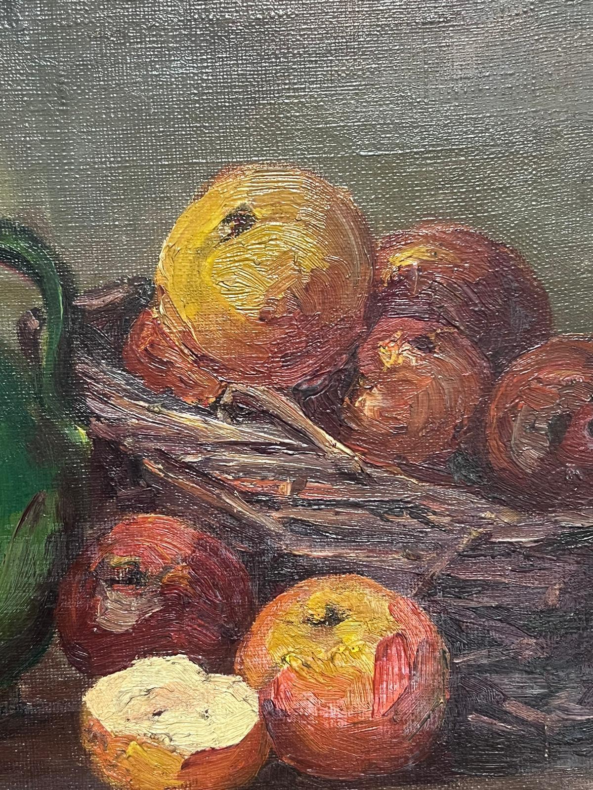 Natura morta di mele e brocca sul tavolo
Impressionista francese, circa 1900
olio su tavola, senza cornice
tavola: 13 x 16 pollici
provenienza: collezione privata, Francia
condizioni: ottime e solide condizioni 

Deliziose pennellate spontanee in
