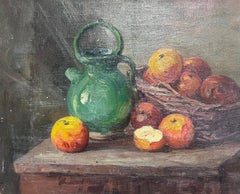 1900's French Impressionist Still Life Oil Painting Autumn Apples & Green Jug