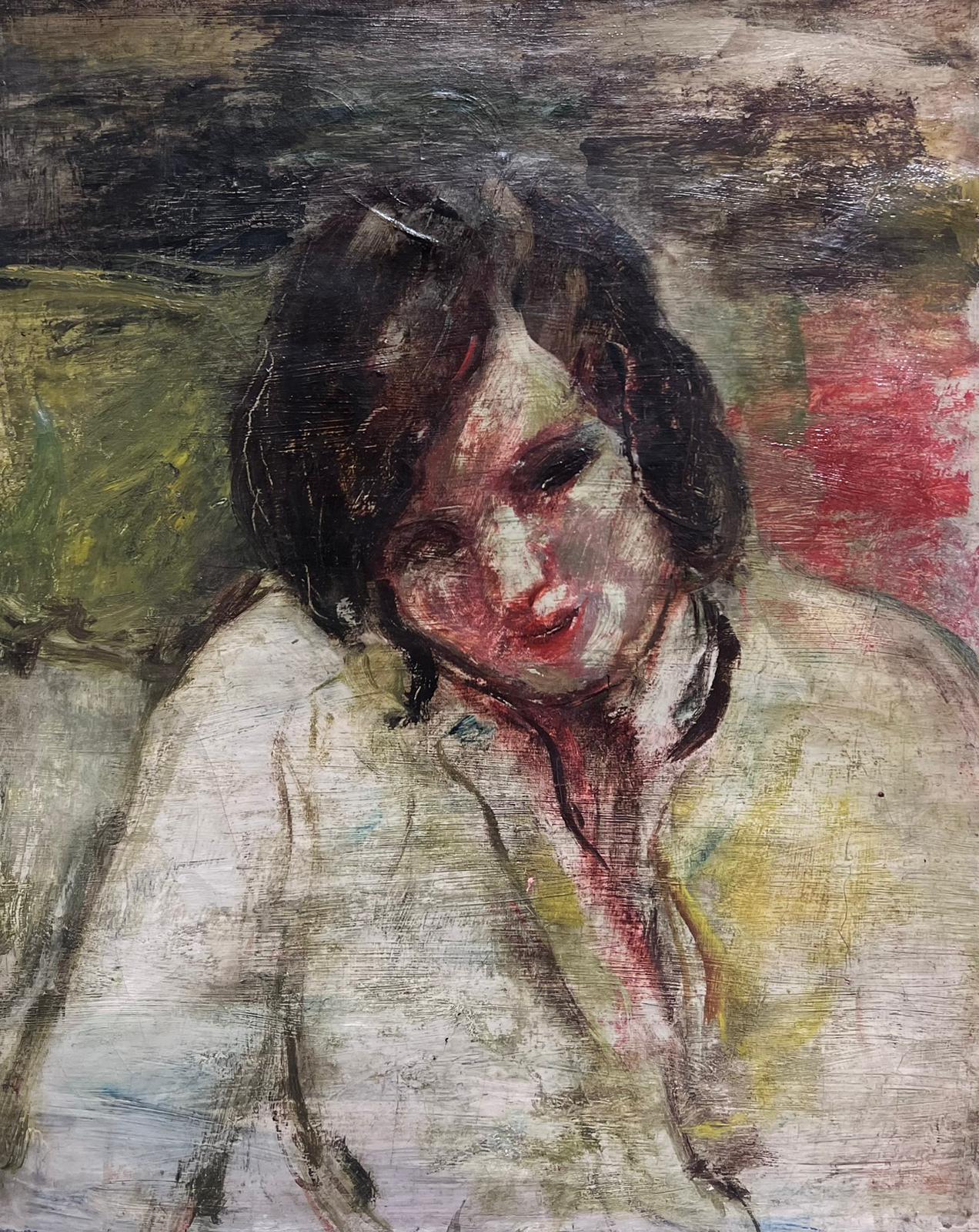 Portrait Painting di French School - Pittura a olio francese del 1900 Ritratto Impressionista Schizzo Ritratto Giovane Signora
