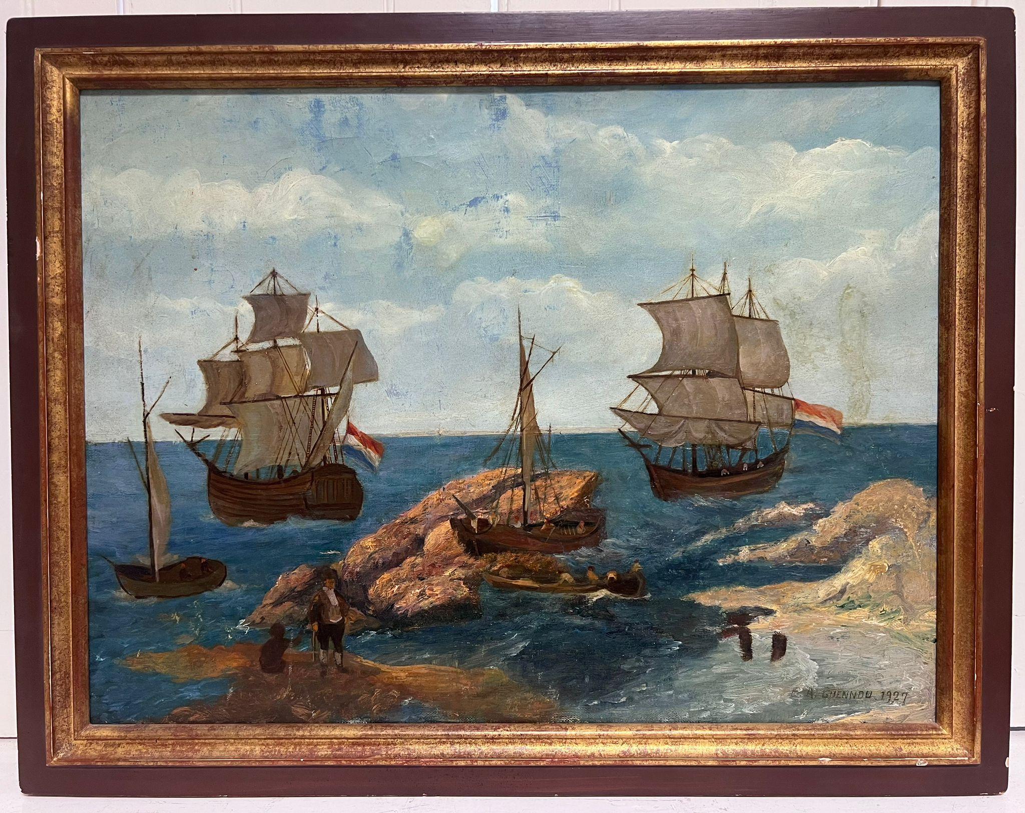 1920's French Signed Oil Old Naval Tall Sailing Ships at Sea Rocky Coastline - Painting by French School