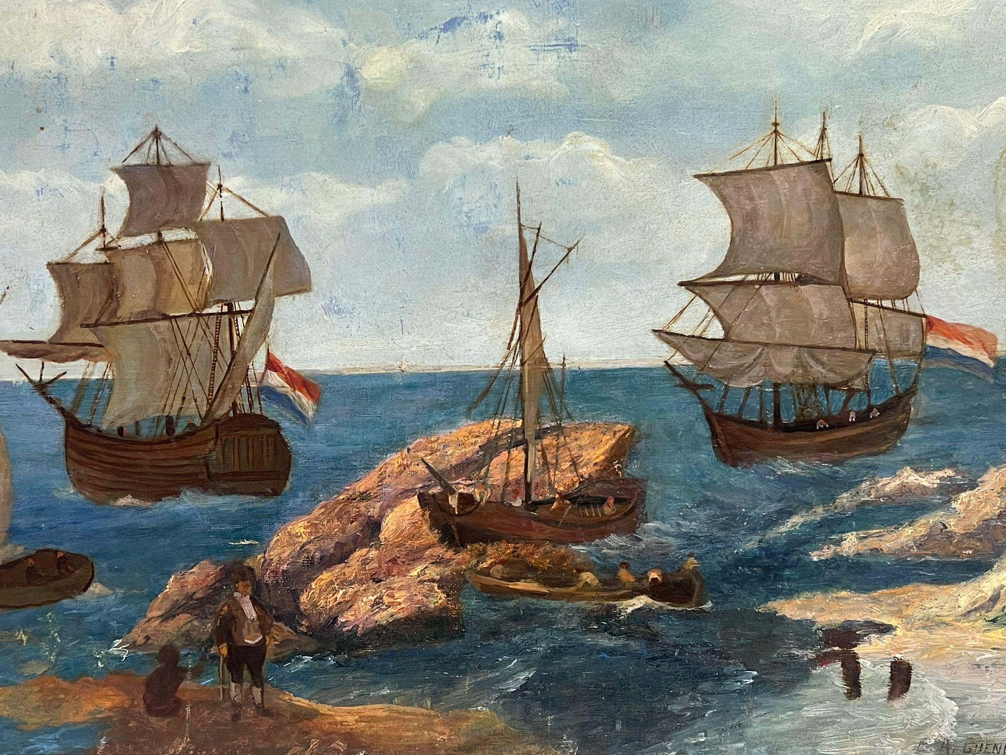 1920's French Signed Oil Old Naval Tall Sailing Ships at Sea Rocky Coastline - Modern Painting by French School