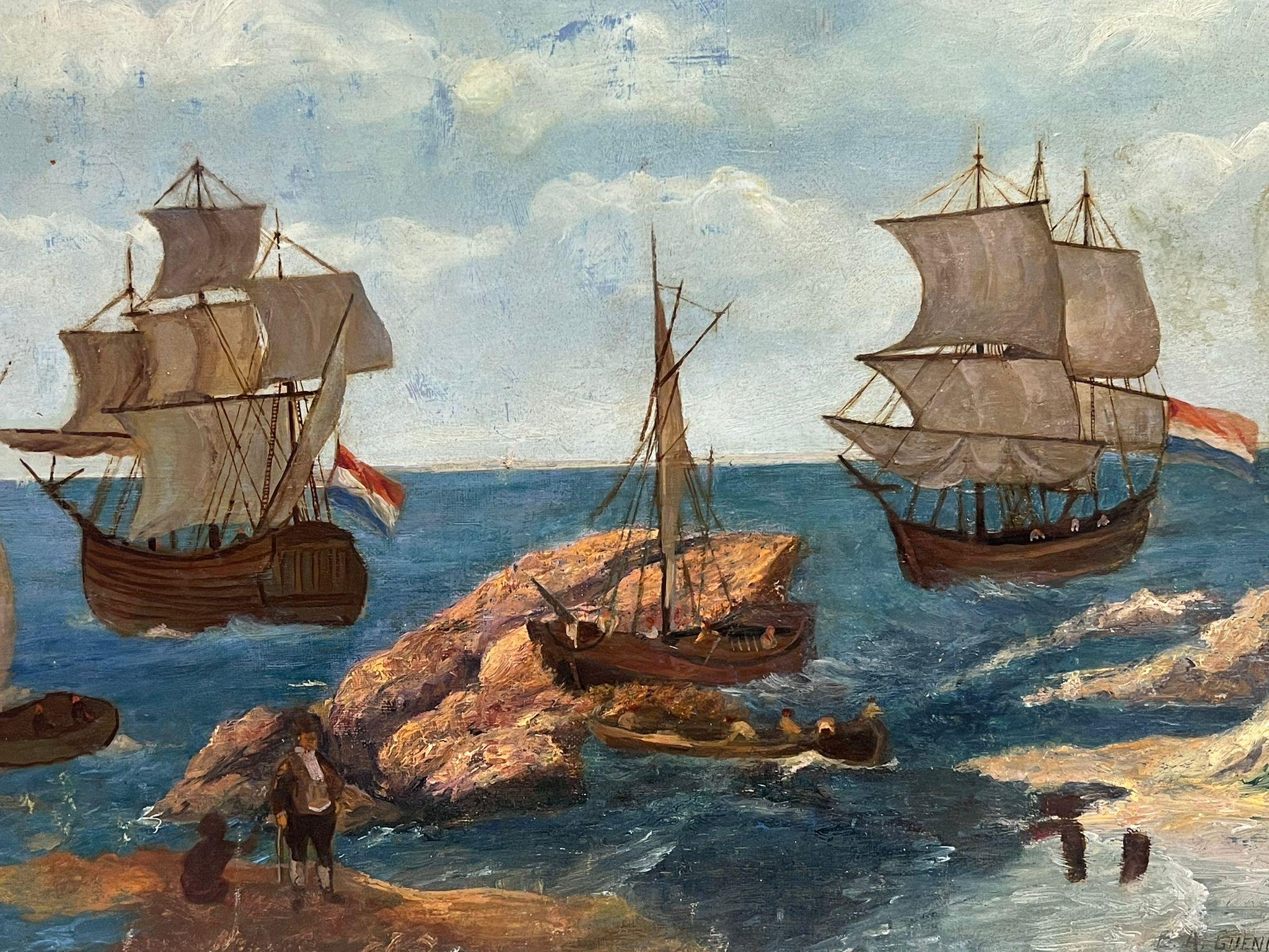 1920's Óleo Francés Firmado Antiguos Barcos Navales de Vela Alta en el Mar Costa Rocosa - Painting Moderno de French School
