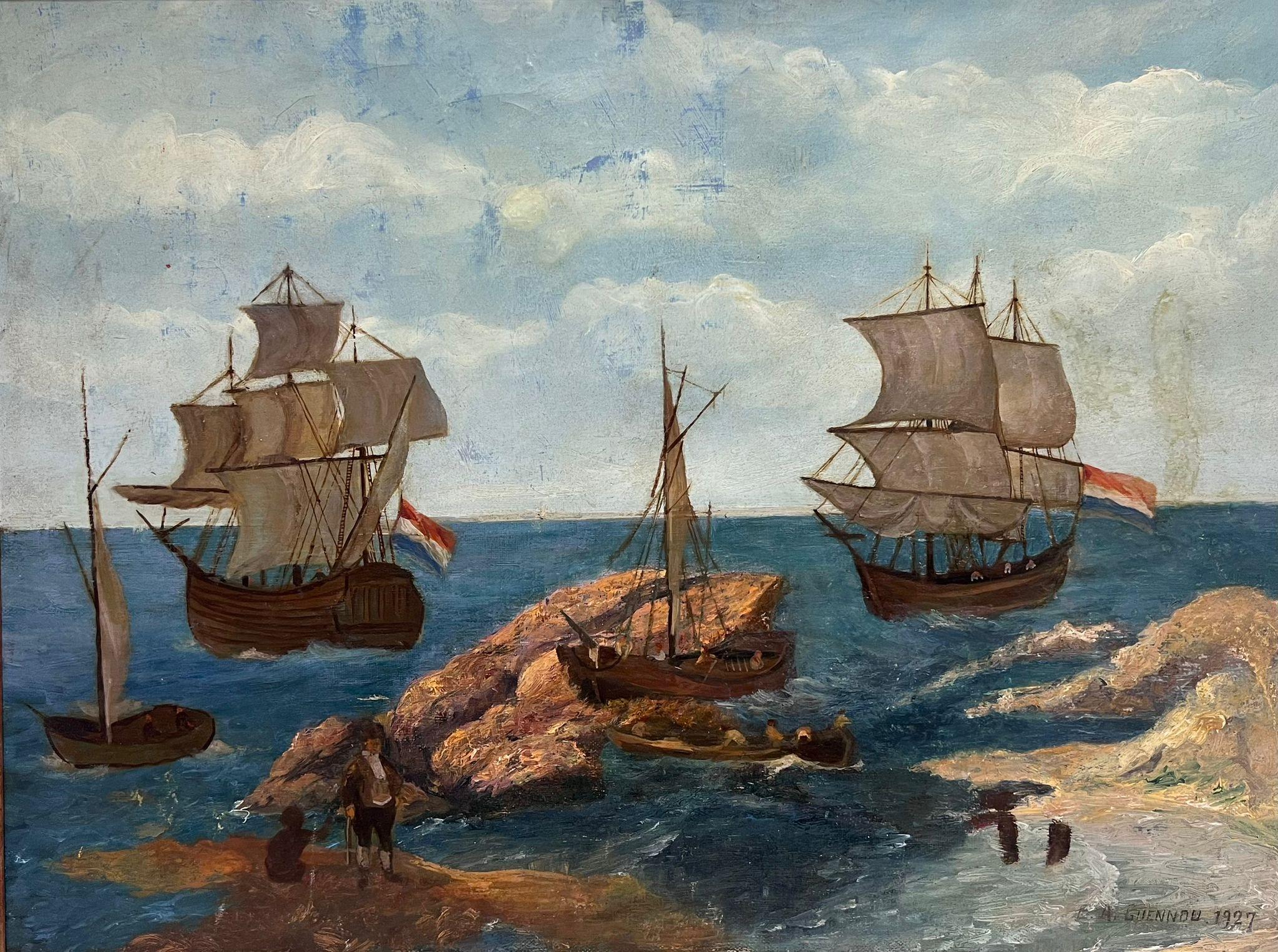 French School Figurative Painting - 1920's French Signed Oil Old Naval Tall Sailing Ships at Sea Rocky Coastline