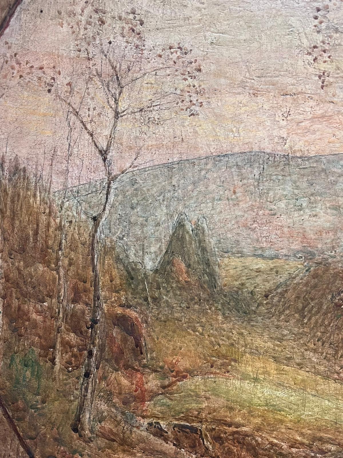 1920's French Signed Symbolist Oil Painting Landscape View Tondo Shape For Sale 2