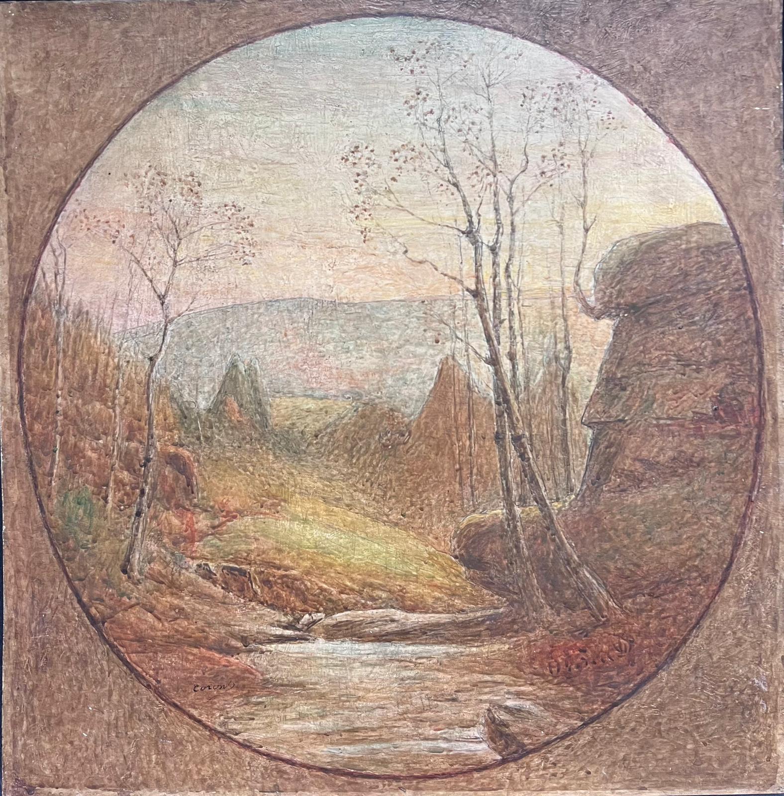 French School Landscape Painting – Französisches signiertes symbolistisches Ölgemälde, Landschaftsansicht in Tondo-Form, 1920er Jahre