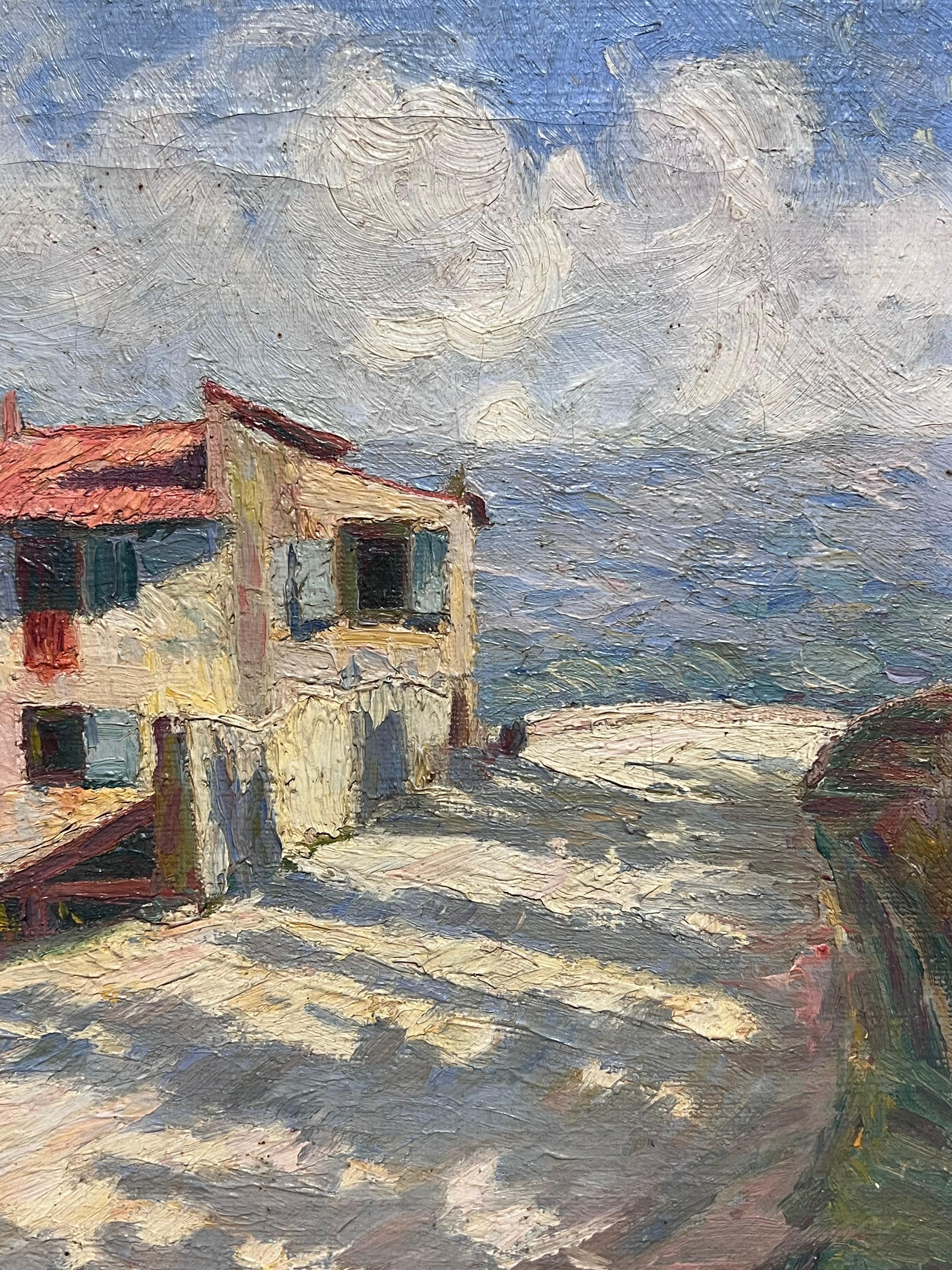 1920's French Sunlit Village Road Mediterranean Landscape with Red-Roofed Houses 5