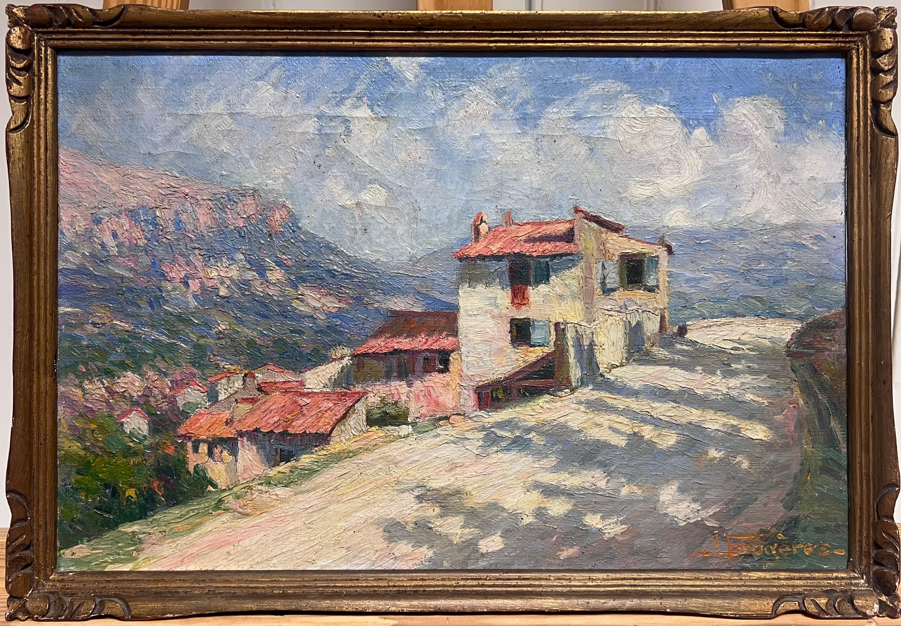 1920's French Sunlit Village Road Mediterranean Landscape with Red-Roofed Houses - Painting by French School