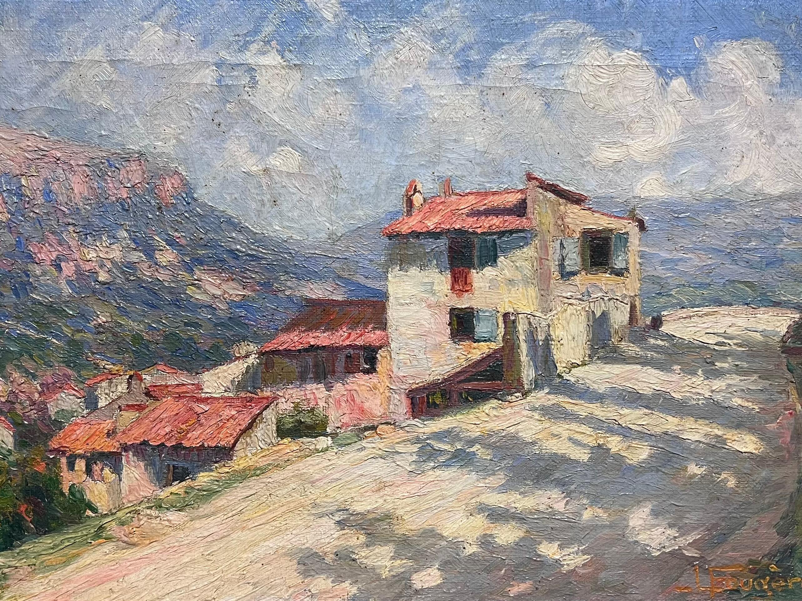 1920's French Sunlit Village Road Mediterranean Landscape with Red-Roofed Houses - Post-Impressionist Painting by French School