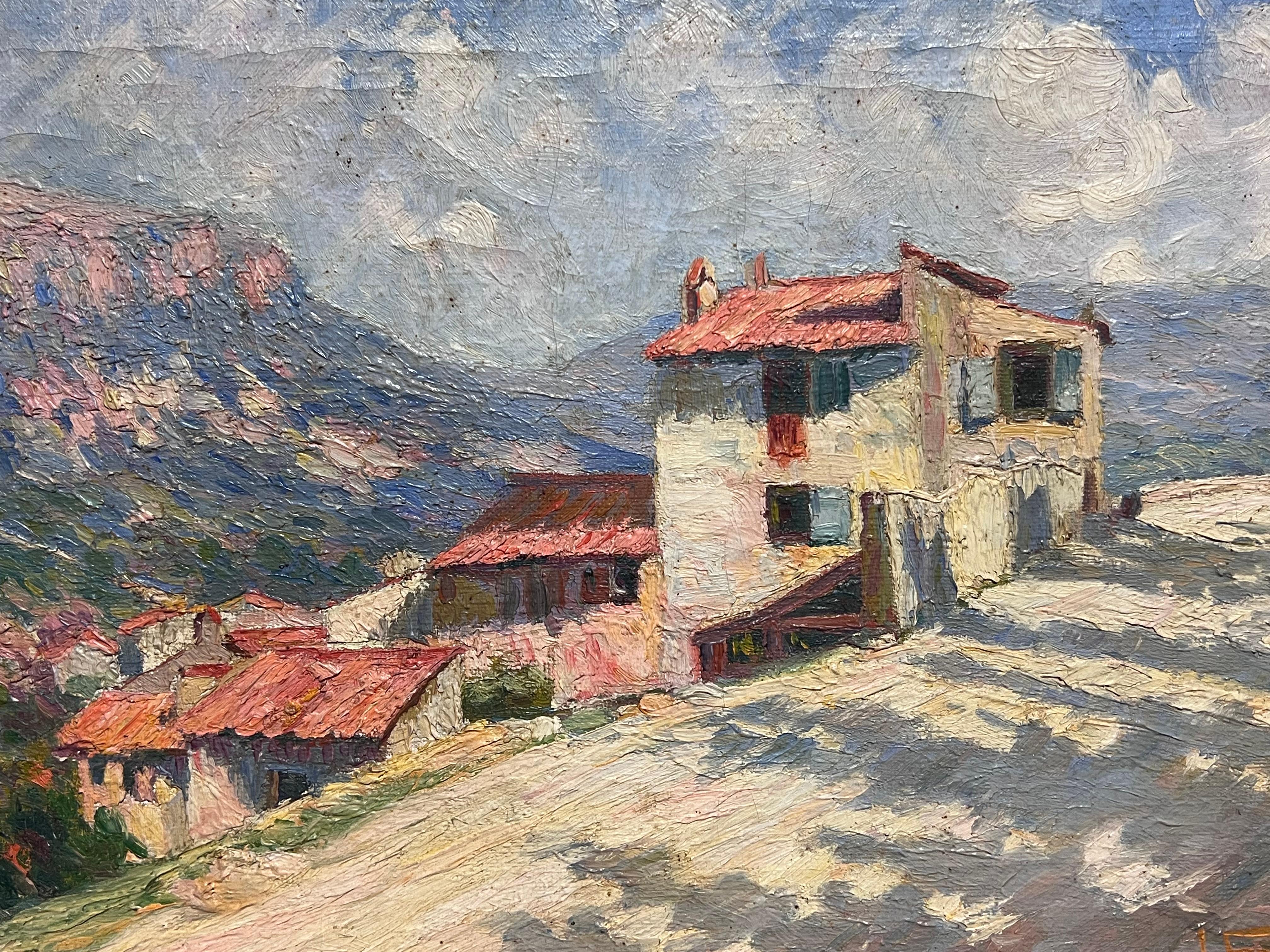 1920's French Sunlit Village Road Mediterranean Landscape with Red-Roofed Houses - Gray Landscape Painting by French School