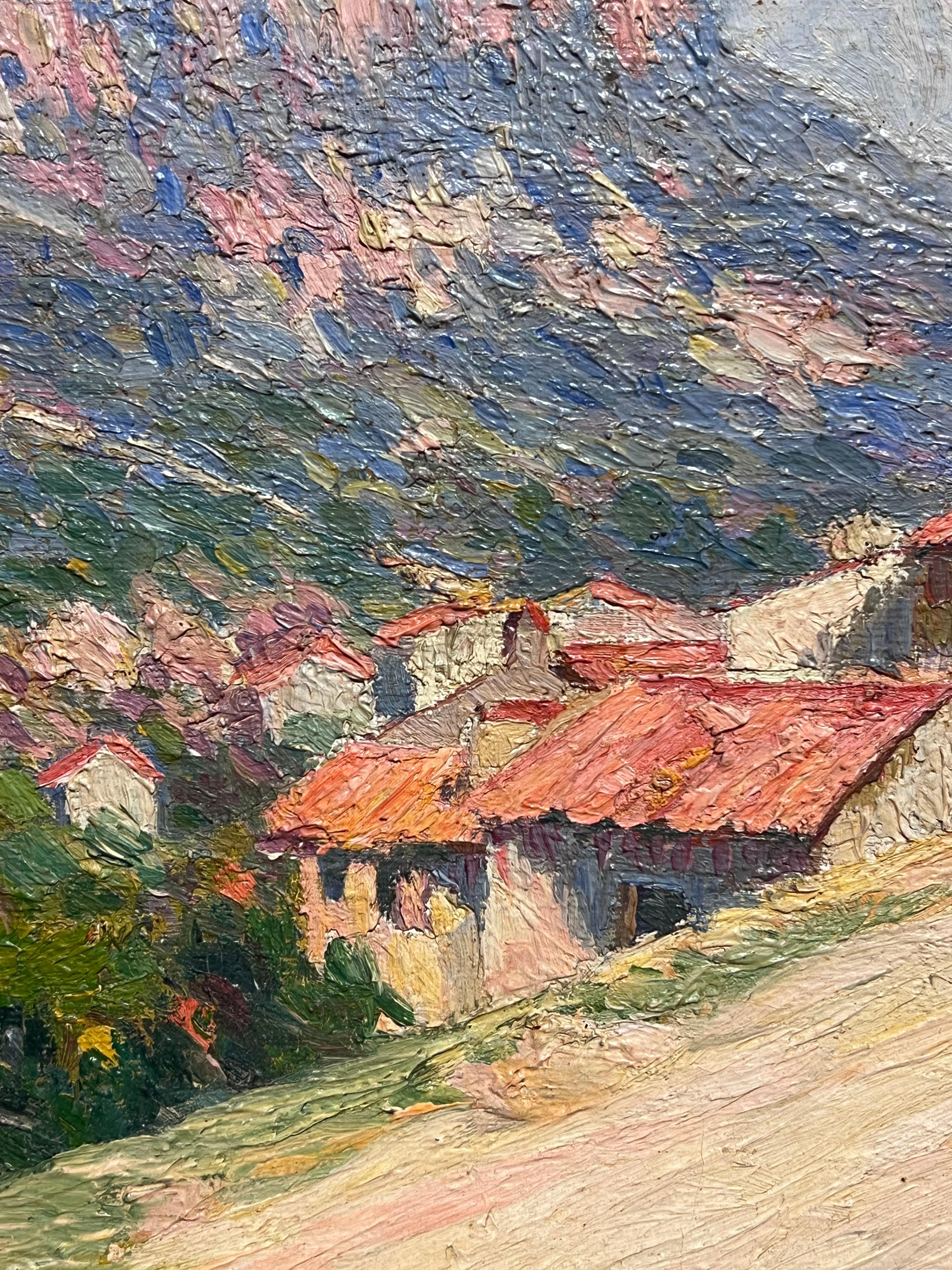 1920's French Sunlit Village Road Mediterranean Landscape with Red-Roofed Houses 1