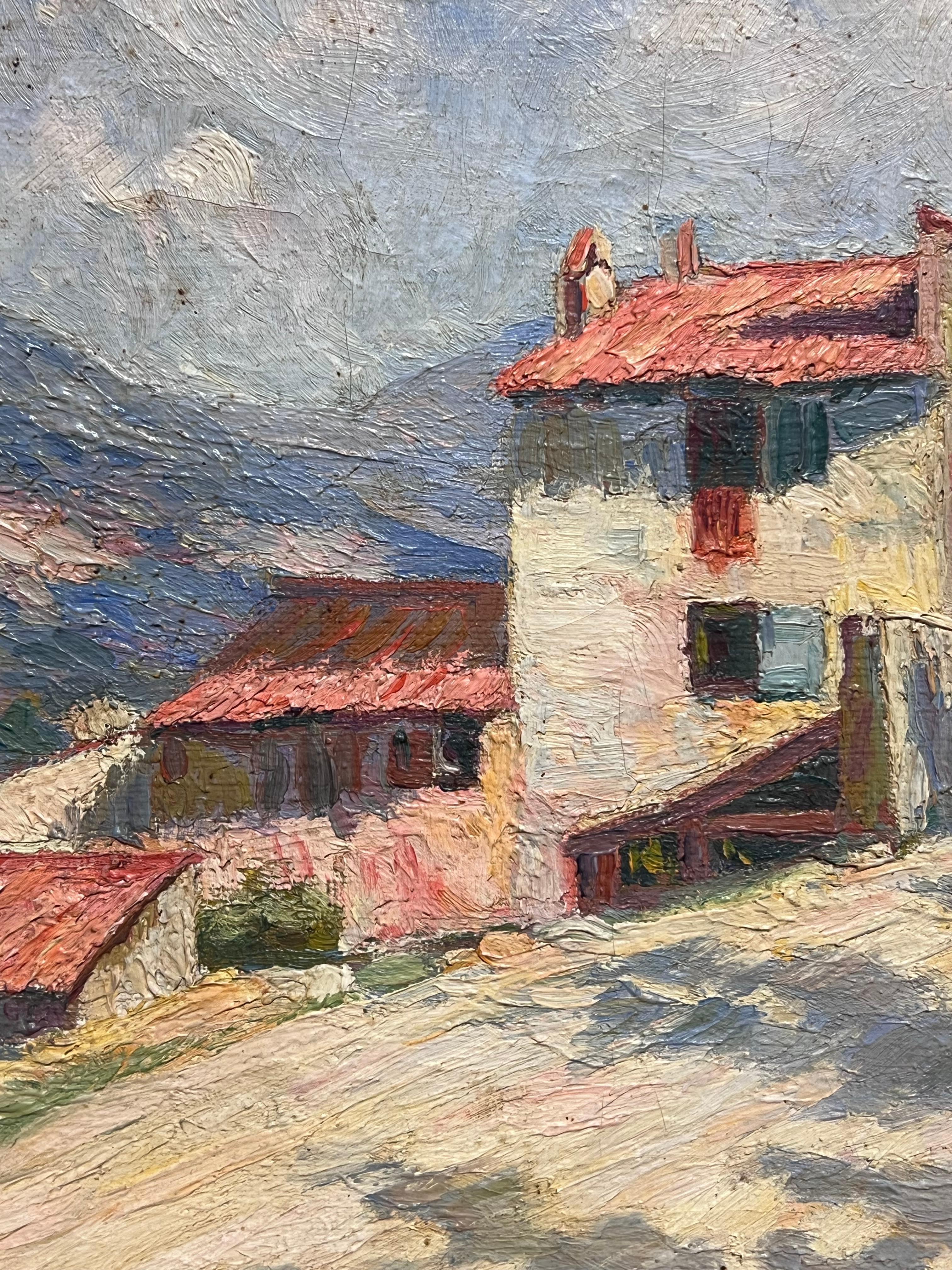 1920's French Sunlit Village Road Mediterranean Landscape with Red-Roofed Houses 2